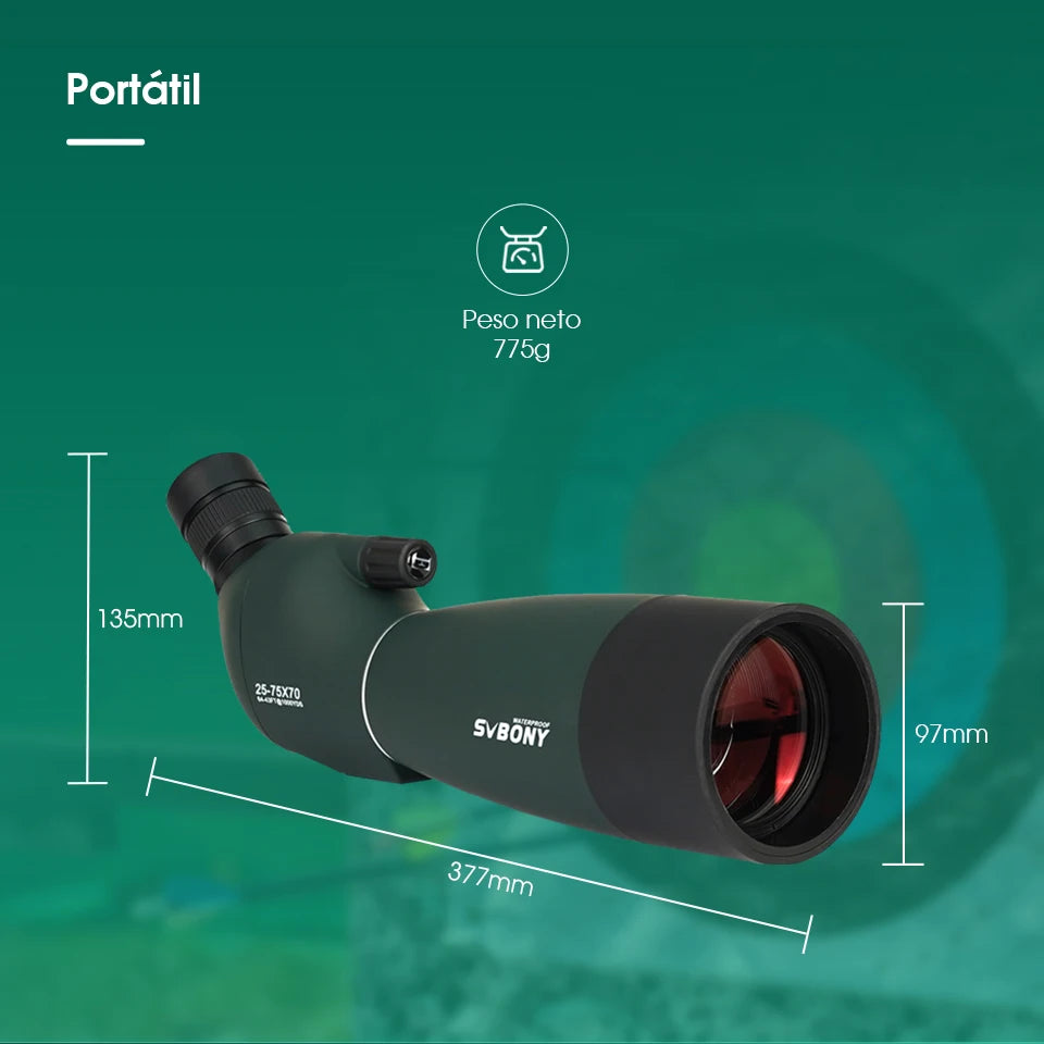Telescopio Terrestre SVBONY SV28/SV28 PLUS 25-75x70mm con Trípode | Impermeable IPX4 | Observación de Aves, Tiro al Blanco y Naturaleza