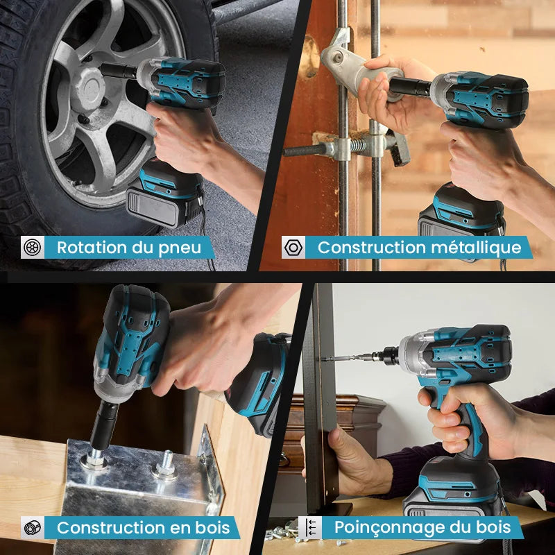 Llave de Impacto Inalámbrica 21V Sin Escobillas – 380 Nm, 1/2", 2 Baterías + Cargador EU, Para Coche y Taller