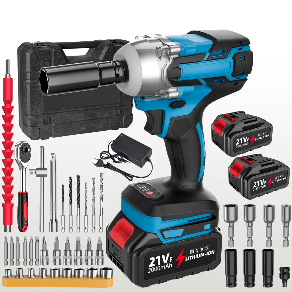 Llave de Impacto Inalámbrica 21V Sin Escobillas – 380 Nm, 1/2", 2 Baterías + Cargador EU, Para Coche y Taller