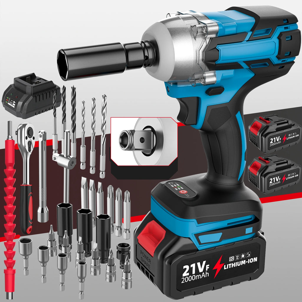 Llave de Impacto Inalámbrica 21V Sin Escobillas – 380 Nm, 1/2", 2 Baterías + Cargador EU, Para Coche y Taller