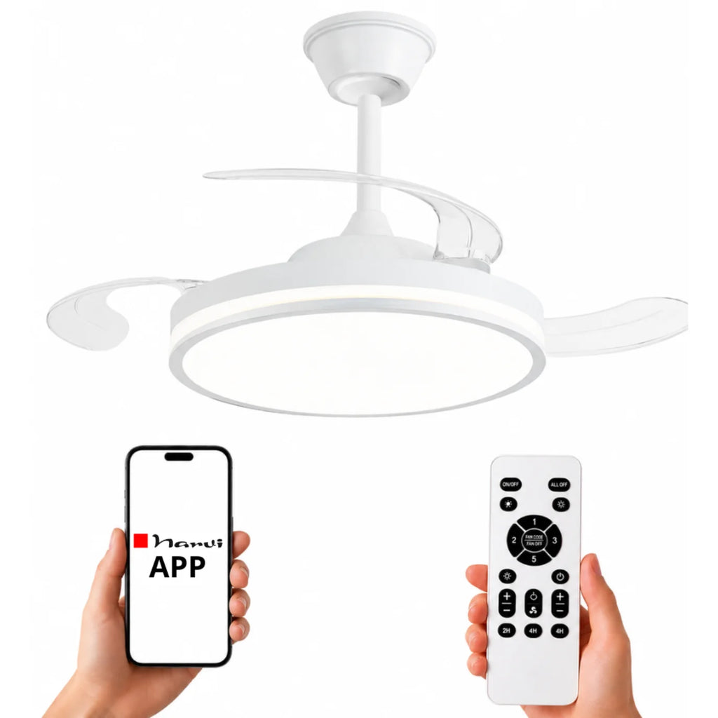 Ventilador de Techo NARVI con Luz LED, 3 Aspas Retráctiles, Motor DC, 6 Velocidades, Mando a Distancia y App, Altura Regulable, Policarbonato Blanco, Luz Regulable 60W