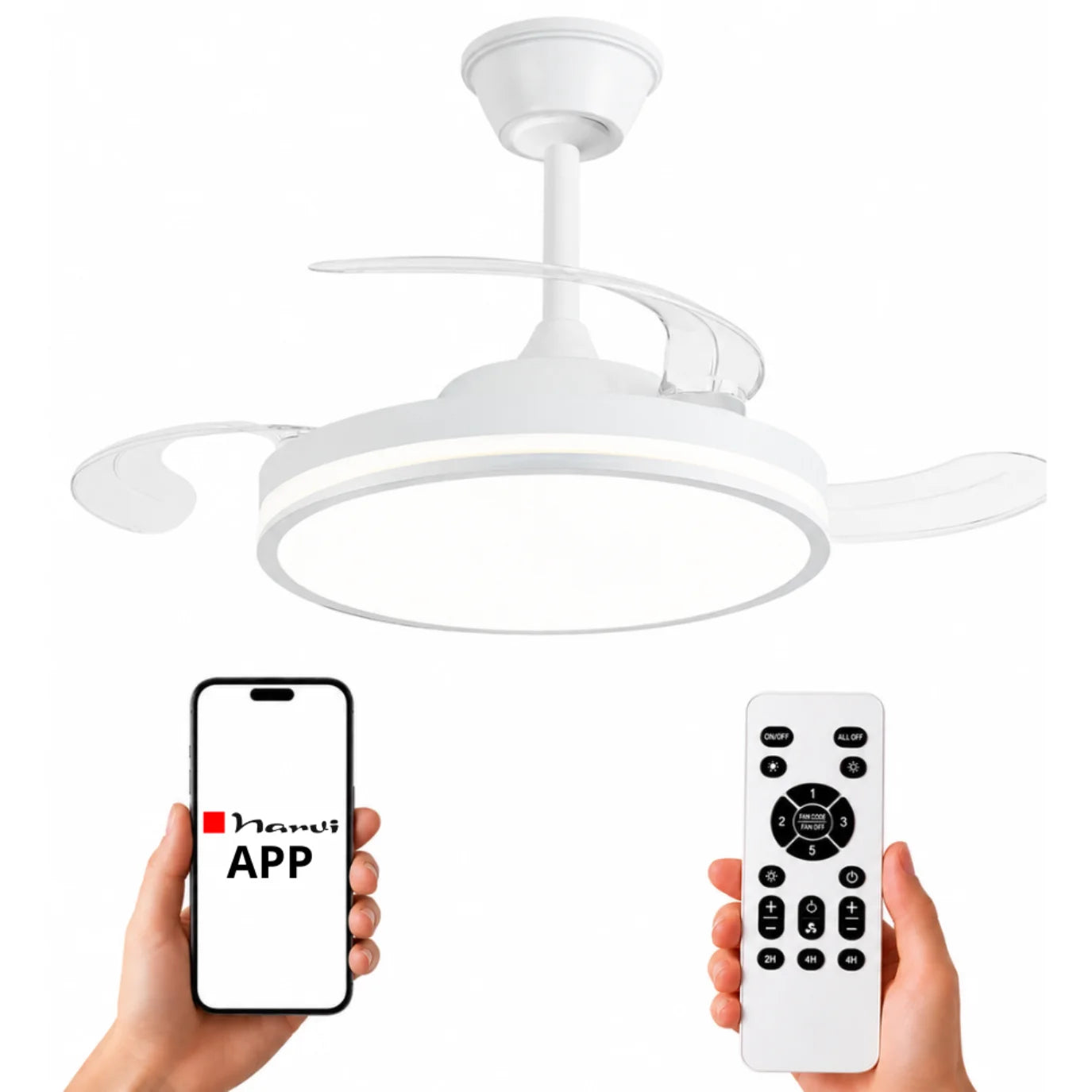 Ventilador de Techo NARVI con Luz LED, 3 Aspas Retráctiles, Motor DC, 6 Velocidades, Mando a Distancia y App, Altura Regulable, Policarbonato Blanco, Luz Regulable 60W