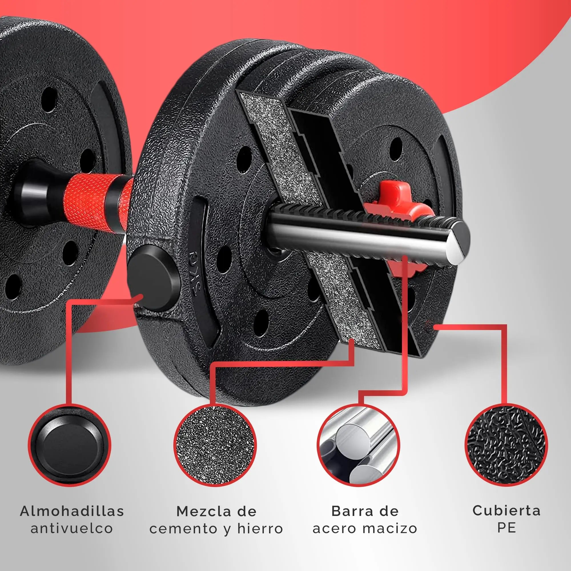Mancuernas Ajustables 2 en 1 RELAXTY | Set 10-20 kg con Discos Recubiertos y Barra Antideslizante | Entrenamiento en Casa y Gimnasio