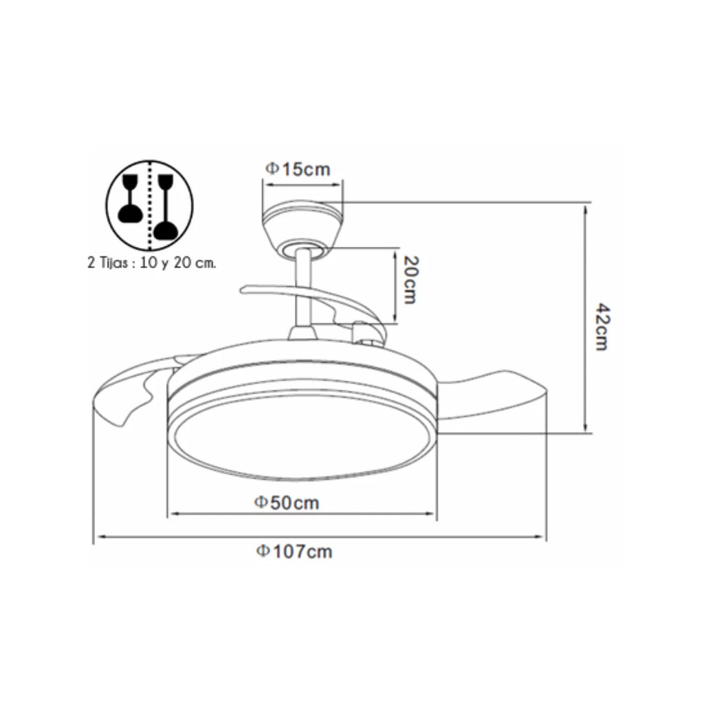 Ventilador de Techo NARVI con Luz LED, 3 Aspas Retráctiles, Motor DC, 6 Velocidades, Mando a Distancia y App, Altura Regulable, Policarbonato Blanco, Luz Regulable 60W