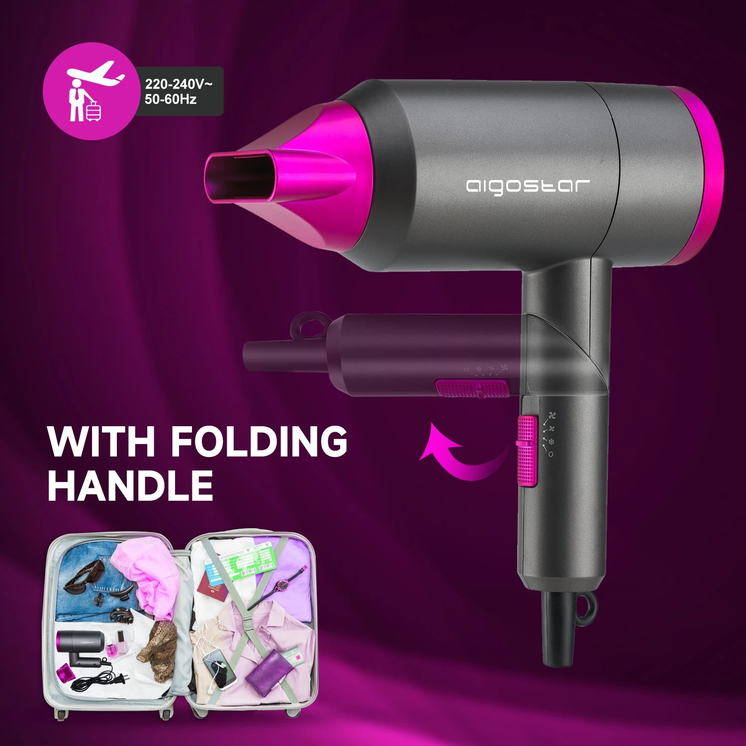 Secador de Pelo Aigostar 1800W | Mango Plegable | 2 Velocidades y 3 Temperaturas | Boquilla Concentradora | Protección Sobrecalentamiento
