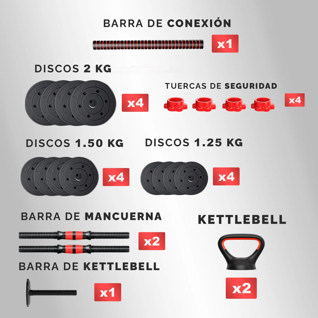 Mancuernas Ajustables 2 en 1 RELAXTY | Set 10-20 kg con Discos Recubiertos y Barra Antideslizante | Entrenamiento en Casa y Gimnasio