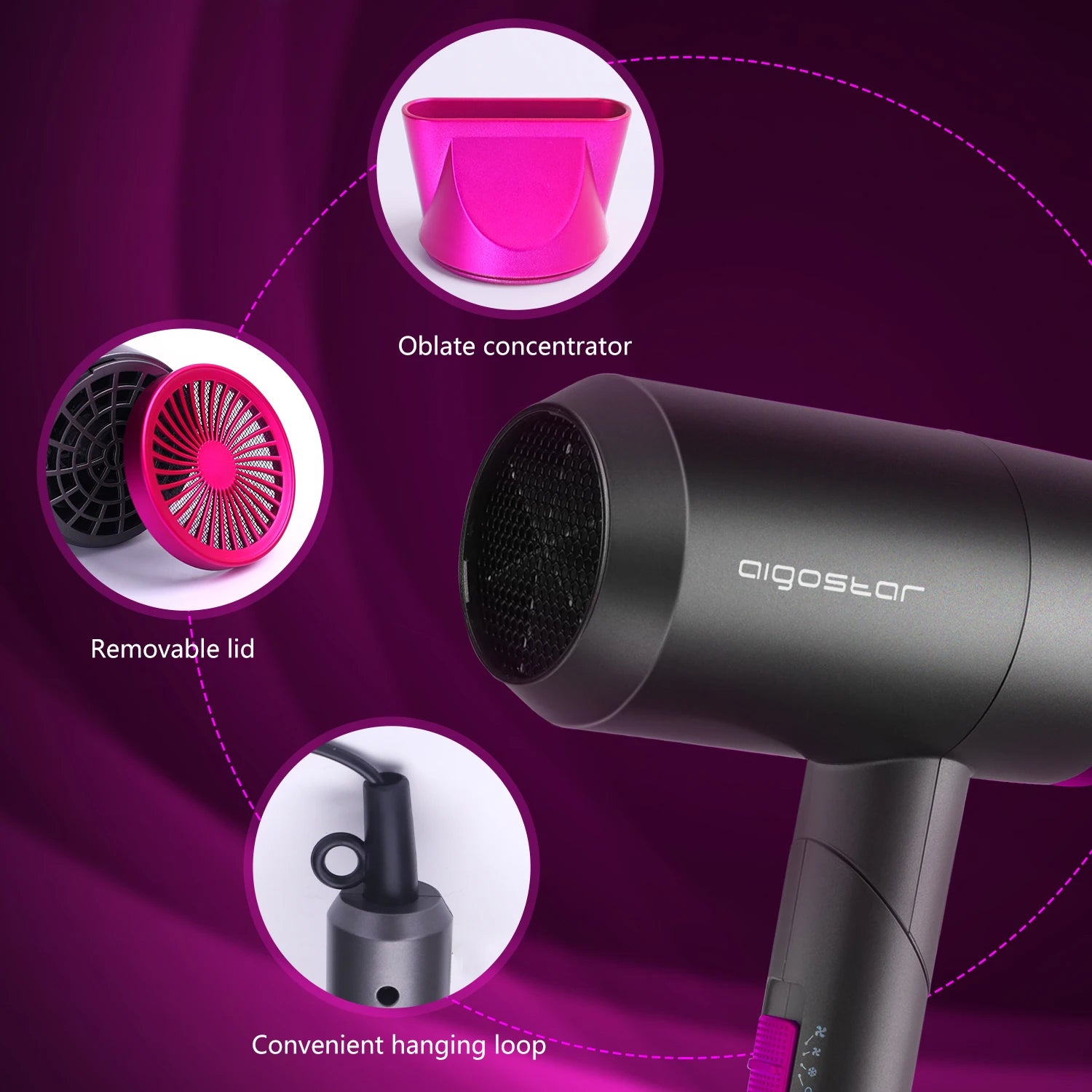 Secador de Pelo Aigostar 1800W | Mango Plegable | 2 Velocidades y 3 Temperaturas | Boquilla Concentradora | Protección Sobrecalentamiento