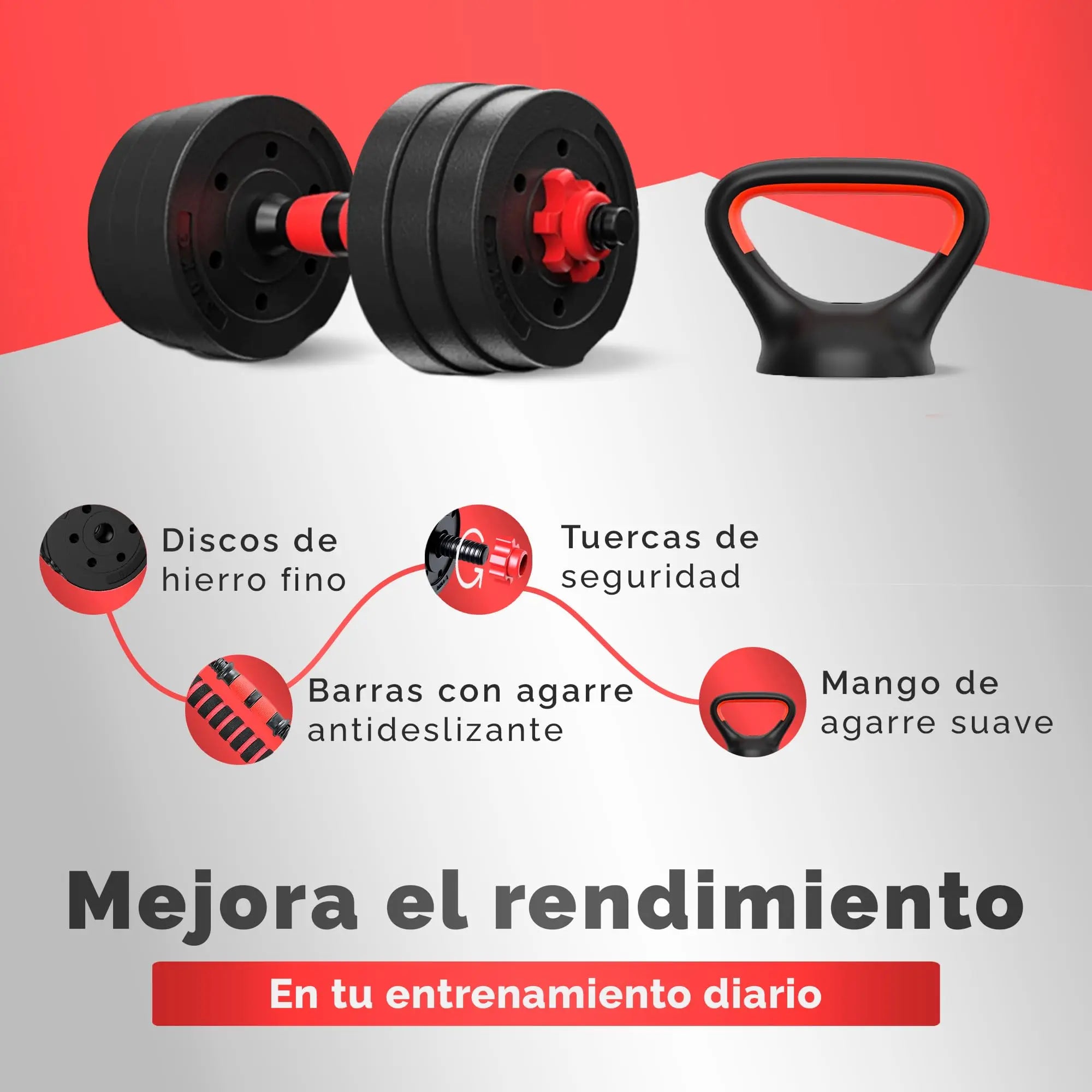 Mancuernas Ajustables 2 en 1 RELAXTY | Set 10-20 kg con Discos Recubiertos y Barra Antideslizante | Entrenamiento en Casa y Gimnasio
