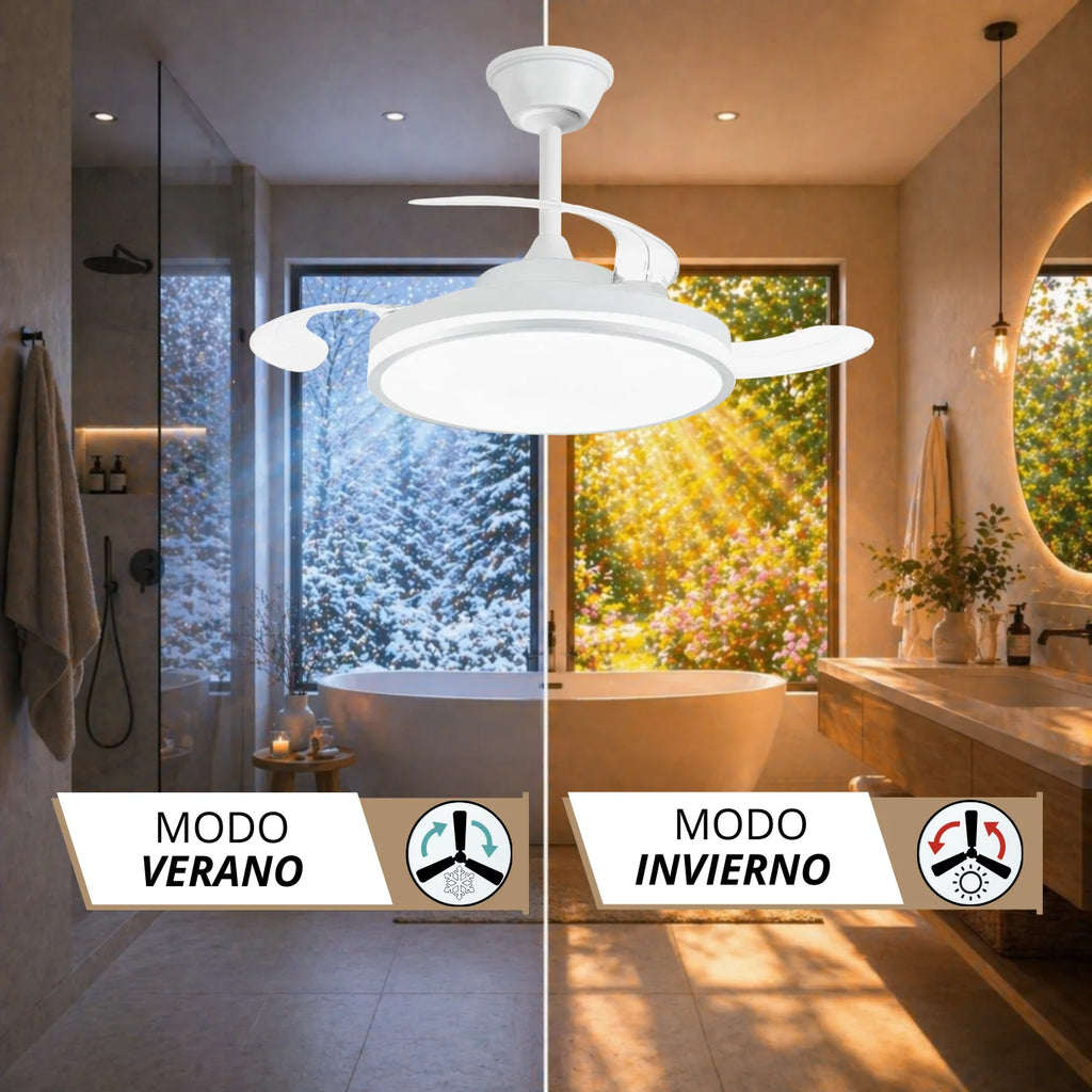 Ventilador de Techo NARVI con Luz LED, 3 Aspas Retráctiles, Motor DC, 6 Velocidades, Mando a Distancia y App, Altura Regulable, Policarbonato Blanco, Luz Regulable 60W