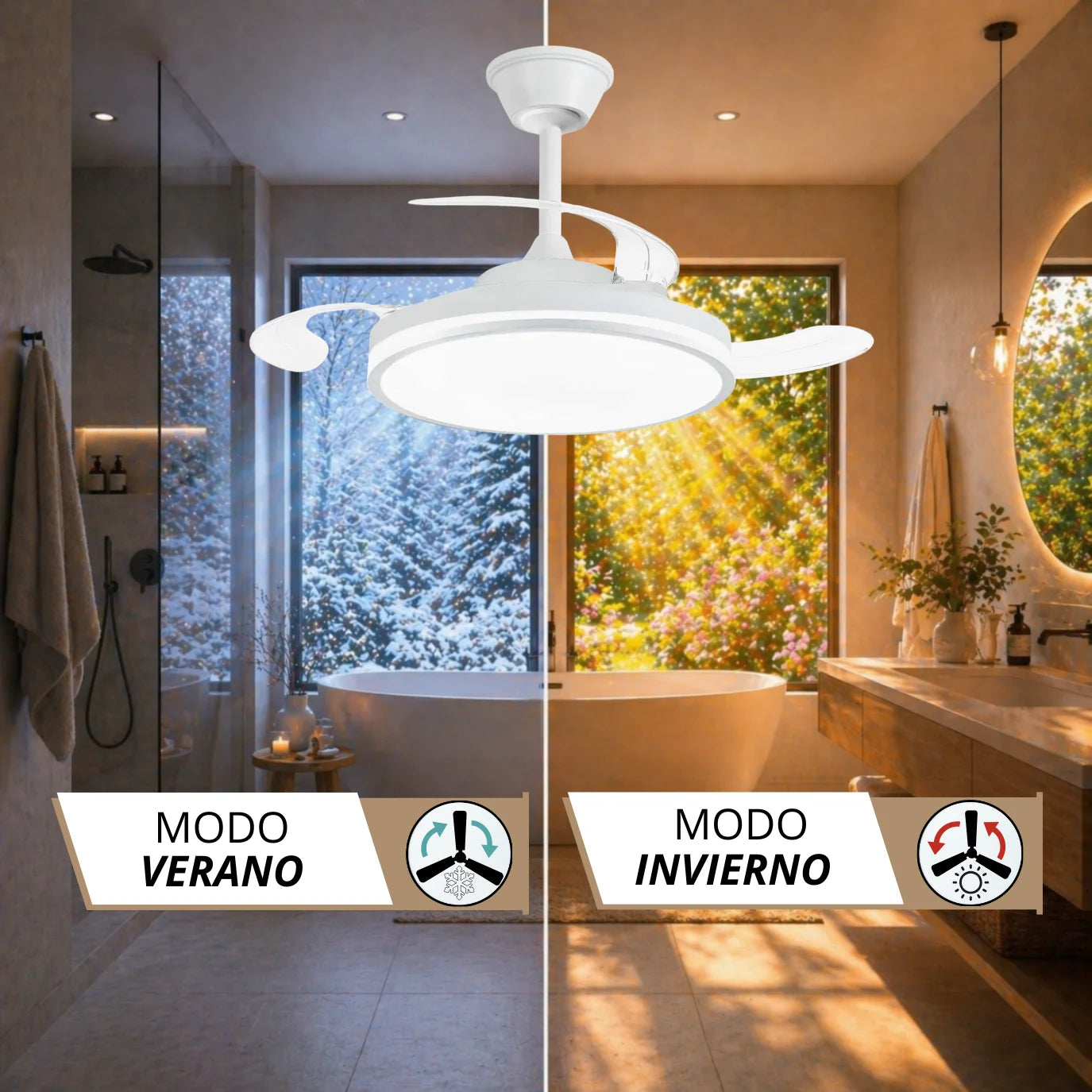Ventilador de Techo NARVI con Luz LED, 3 Aspas Retráctiles, Motor DC, 6 Velocidades, Mando a Distancia y App, Altura Regulable, Policarbonato Blanco, Luz Regulable 60W