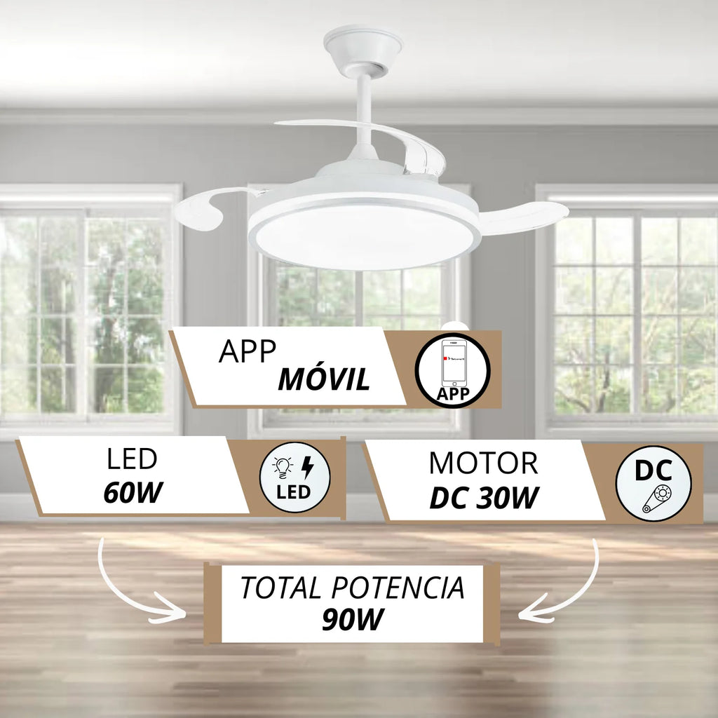 Ventilador de Techo NARVI con Luz LED, 3 Aspas Retráctiles, Motor DC, 6 Velocidades, Mando a Distancia y App, Altura Regulable, Policarbonato Blanco, Luz Regulable 60W