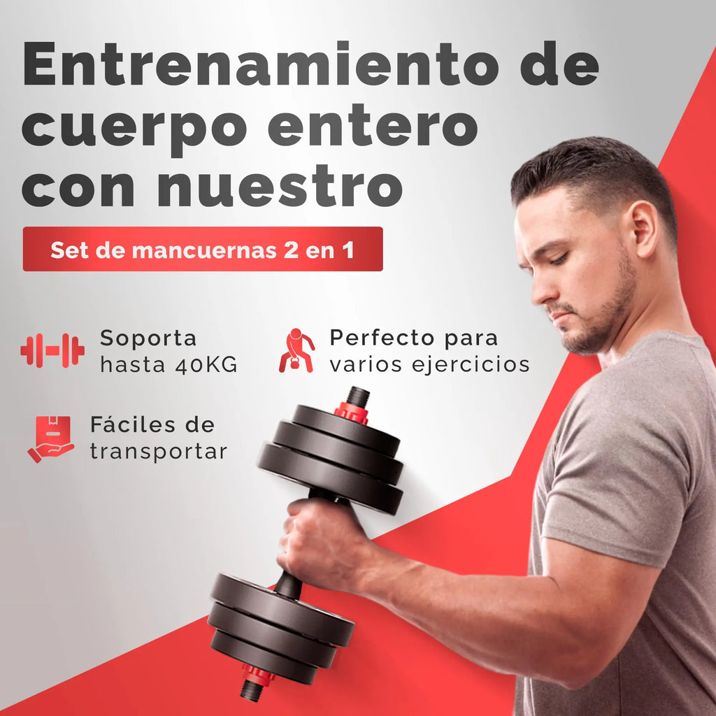 Mancuernas Ajustables 2 en 1 RELAXTY | Set 10-20 kg con Discos Recubiertos y Barra Antideslizante | Entrenamiento en Casa y Gimnasio