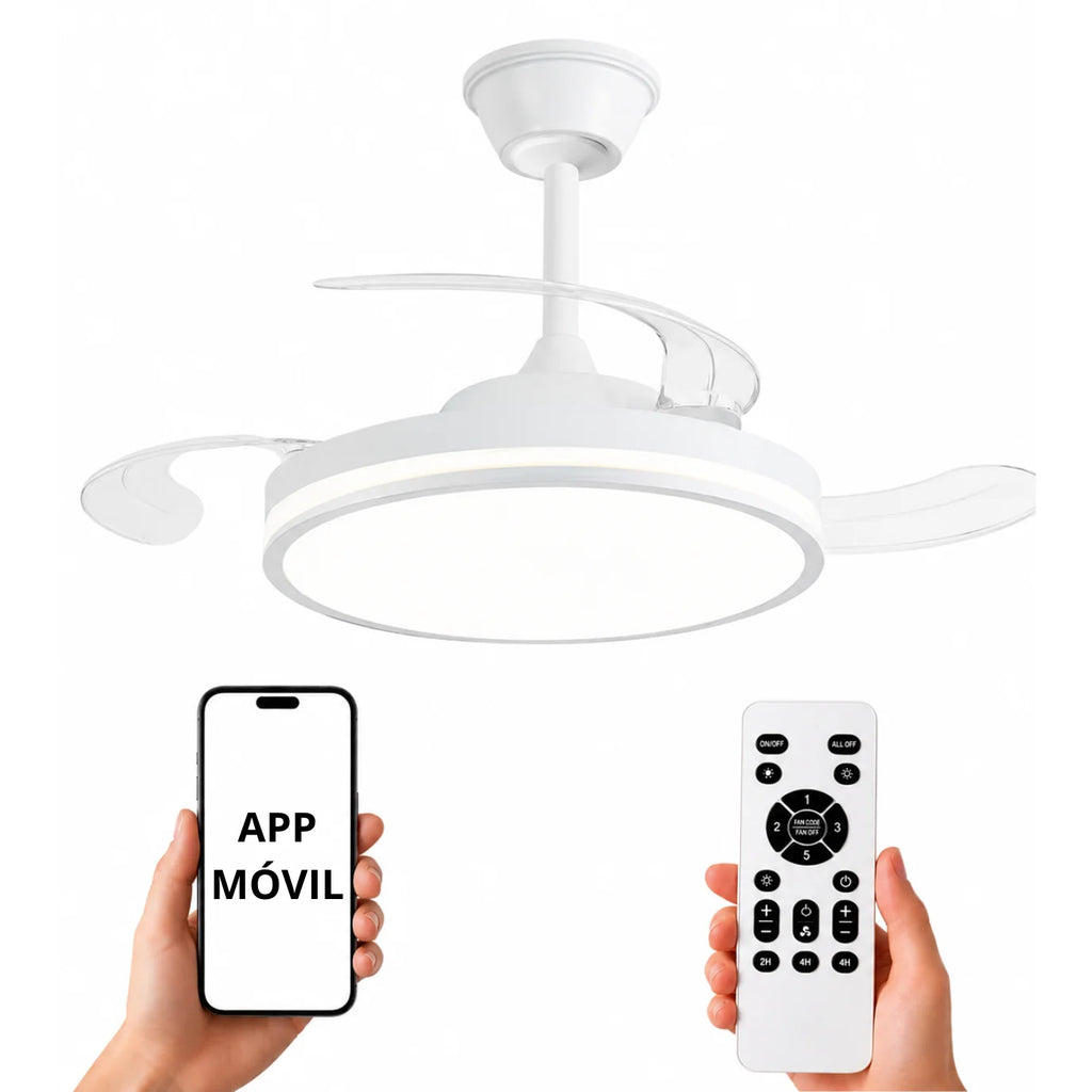 Ventilador de Techo NARVI con Luz LED, 3 Aspas Retráctiles, Motor DC, 6 Velocidades, Mando a Distancia y App, Altura Regulable, Policarbonato Blanco, Luz Regulable 60W