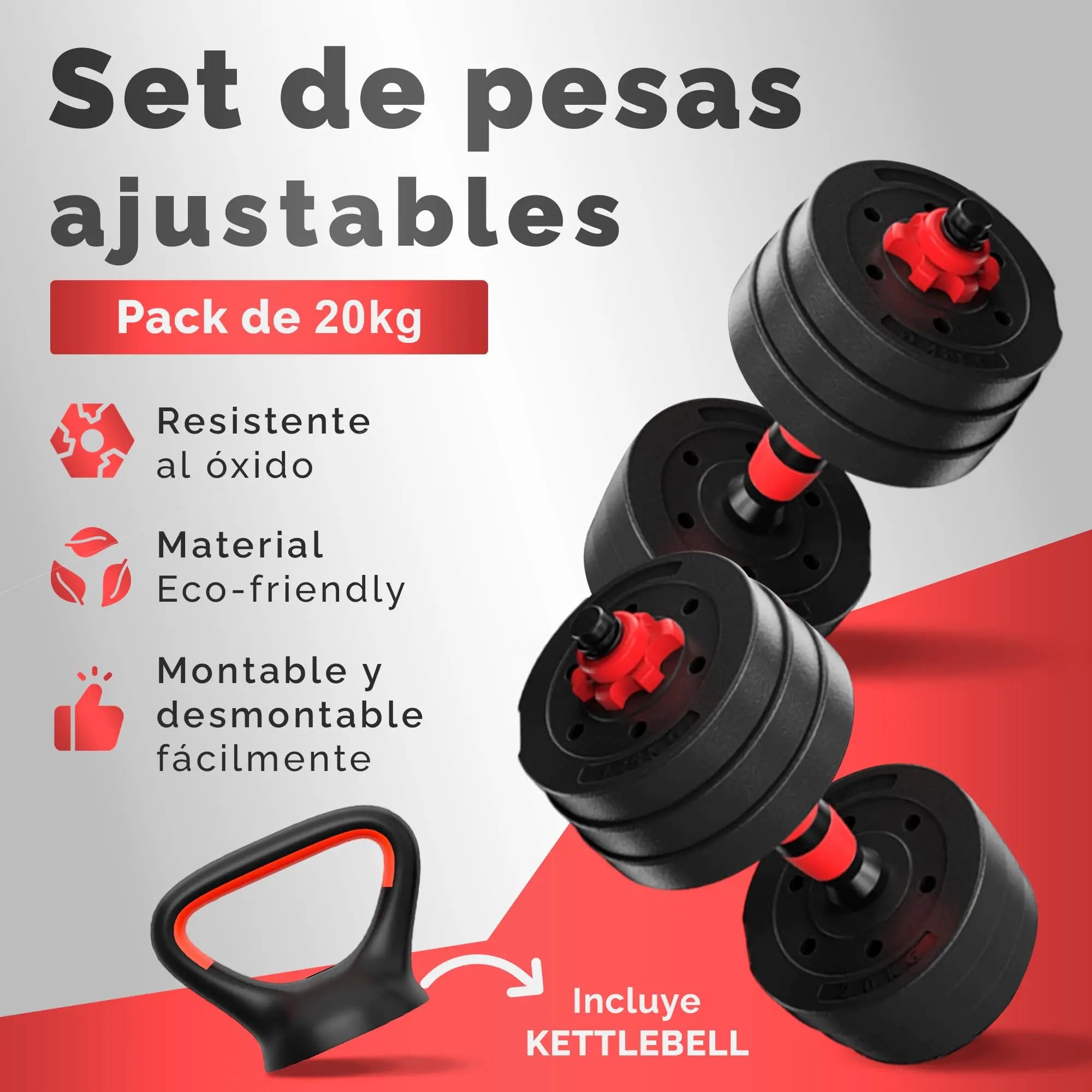 Mancuernas Ajustables 2 en 1 RELAXTY | Set 10-20 kg con Discos Recubiertos y Barra Antideslizante | Entrenamiento en Casa y Gimnasio