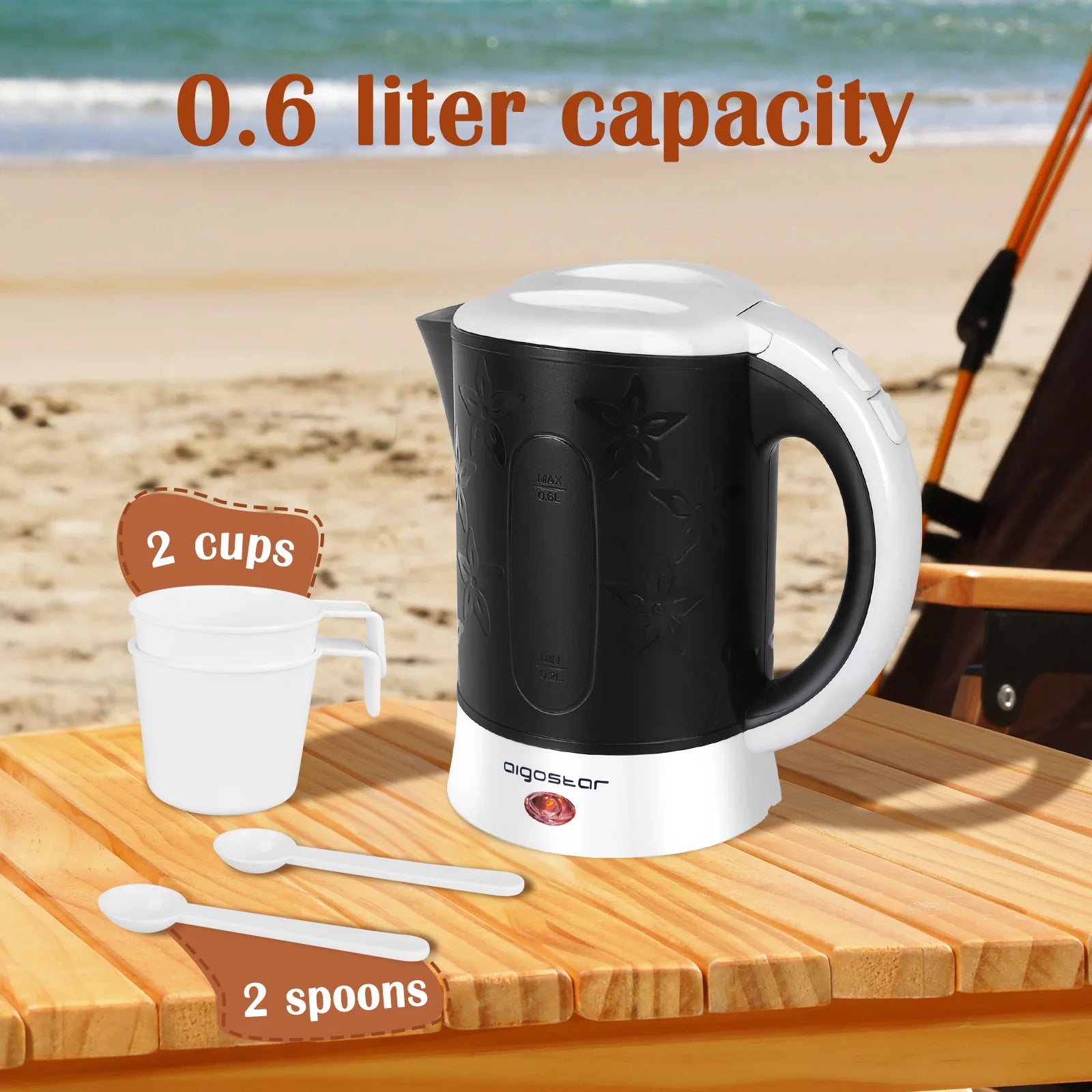 Hervidor Eléctrico Aigostar 0,6L | Apagado Automático | Protección Anticalentamiento | Sin BPA | Incluye 2 Tazas y 2 Cucharas