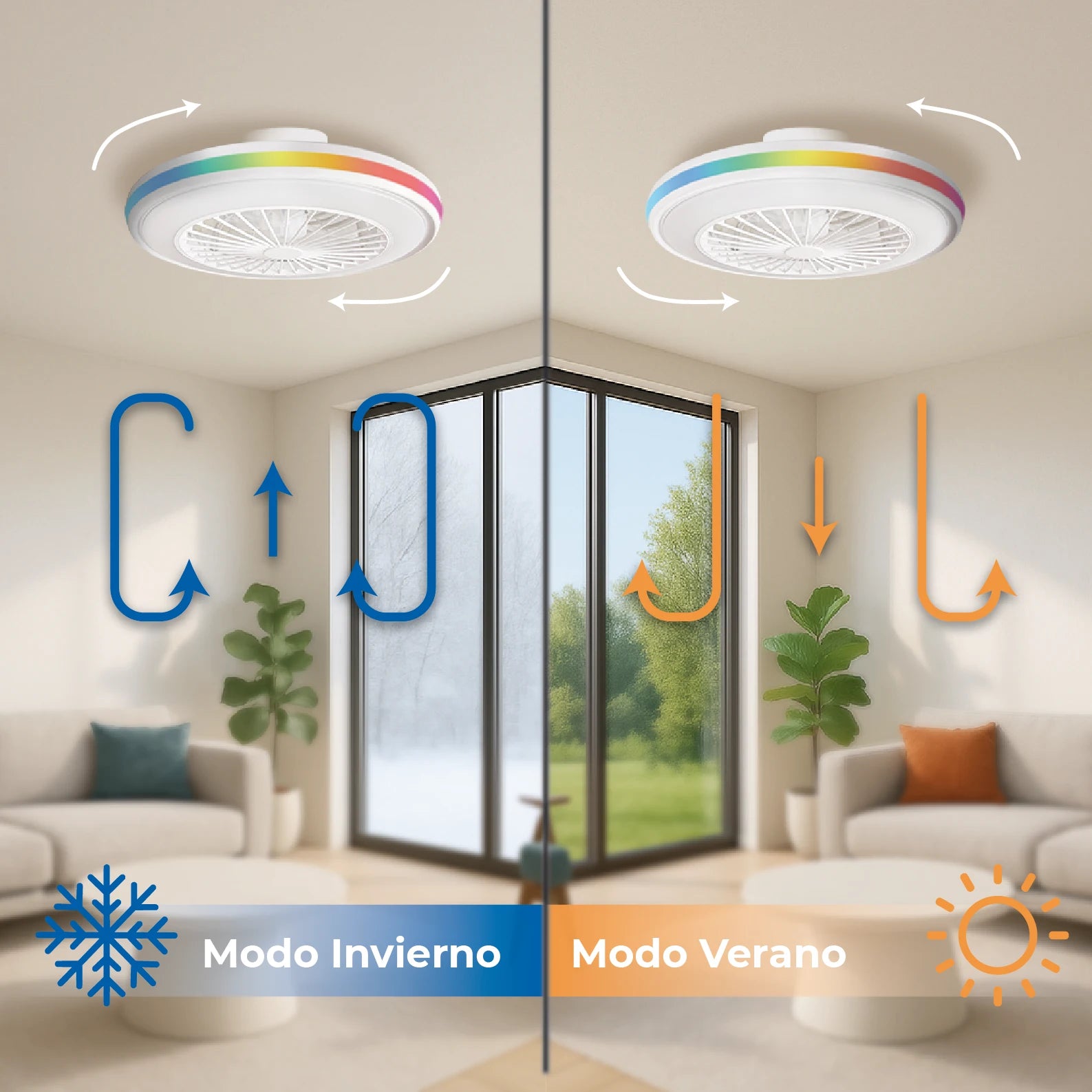 Ventilador de Techo LED Atomant Ø50cm | Luz LED 48W CCT+RGB | Motor DC Silencioso | Mando a Distancia | Modo Verano/Invierno