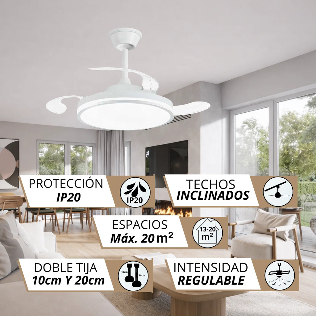 Ventilador de Techo NARVI con Luz LED, 3 Aspas Retráctiles, Motor DC, 6 Velocidades, Mando a Distancia y App, Altura Regulable, Policarbonato Blanco, Luz Regulable 60W