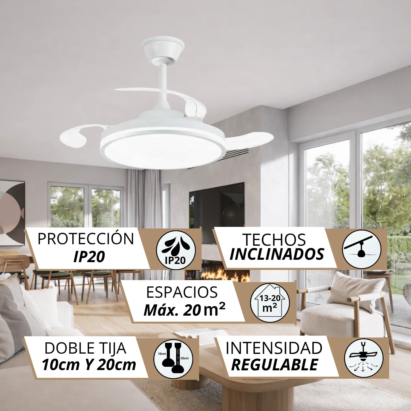 Ventilador de Techo NARVI con Luz LED, 3 Aspas Retráctiles, Motor DC, 6 Velocidades, Mando a Distancia y App, Altura Regulable, Policarbonato Blanco, Luz Regulable 60W