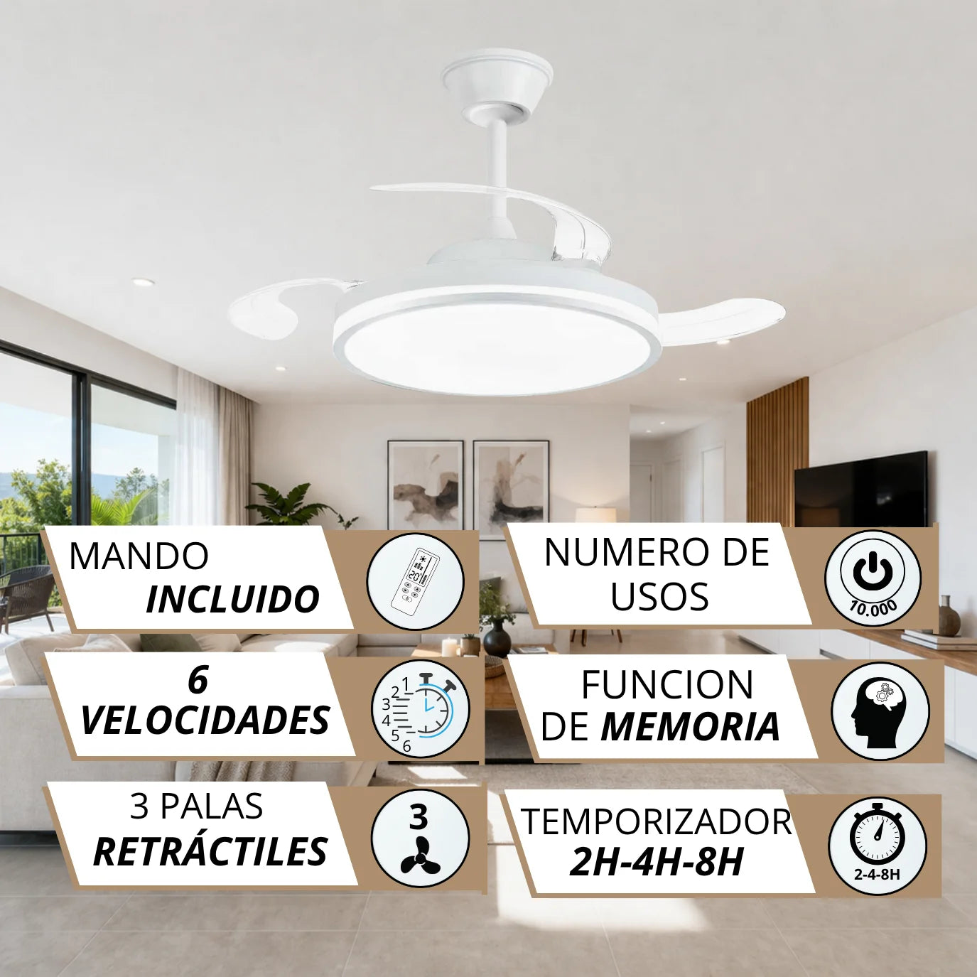 Ventilador de Techo NARVI con Luz LED, 3 Aspas Retráctiles, Motor DC, 6 Velocidades, Mando a Distancia y App, Altura Regulable, Policarbonato Blanco, Luz Regulable 60W