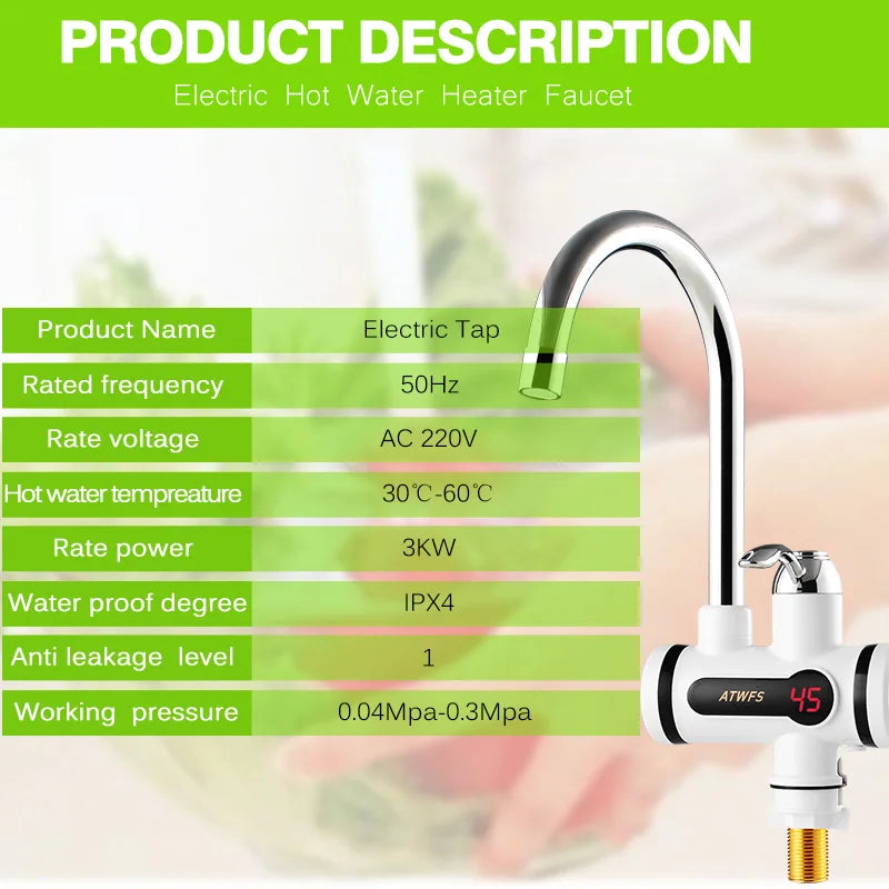 Grifo Calentador de Agua Instantáneo ATWFS para Cocina — Sin Depósito, Digital, 220V