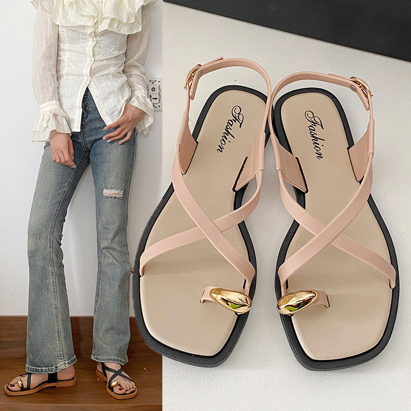 Sandalias Planas con Anillo de Dedo para Mujer