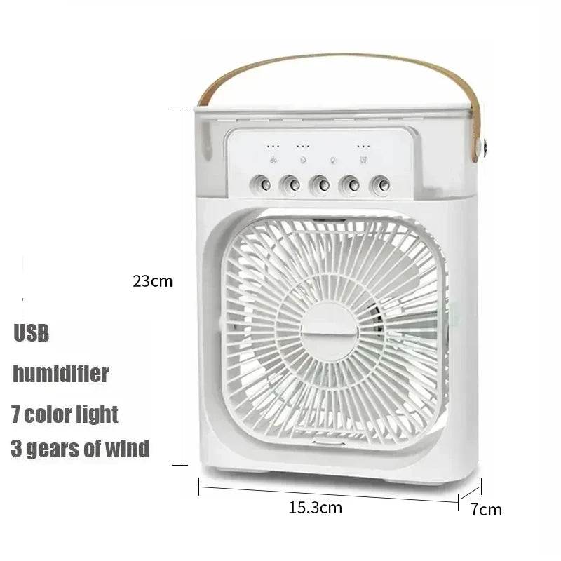 Ventilador 3 en 1 OIMG Portatil, Mini Aire Acondicionado con Humidificador, Luz LED de 7 Colores, 3 Velocidades y 3 Modos de Nebulizacion para Hogar y Oficina
