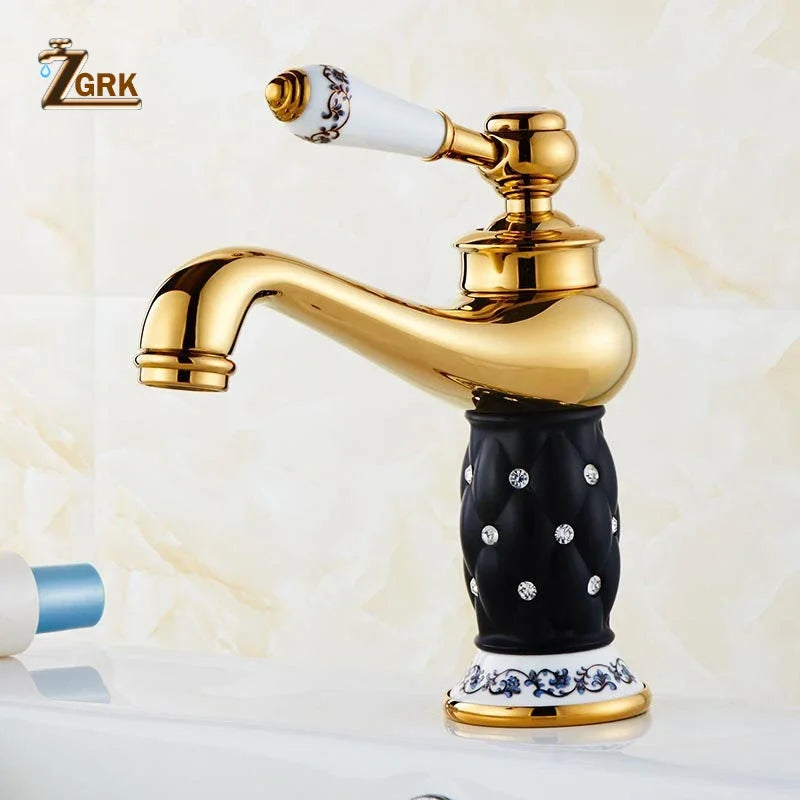 Grifo de Lavabo ZGRK Dorado Diamante | Monomando Latón | Agua Fría y Caliente | Estilo Clásico de Lujo