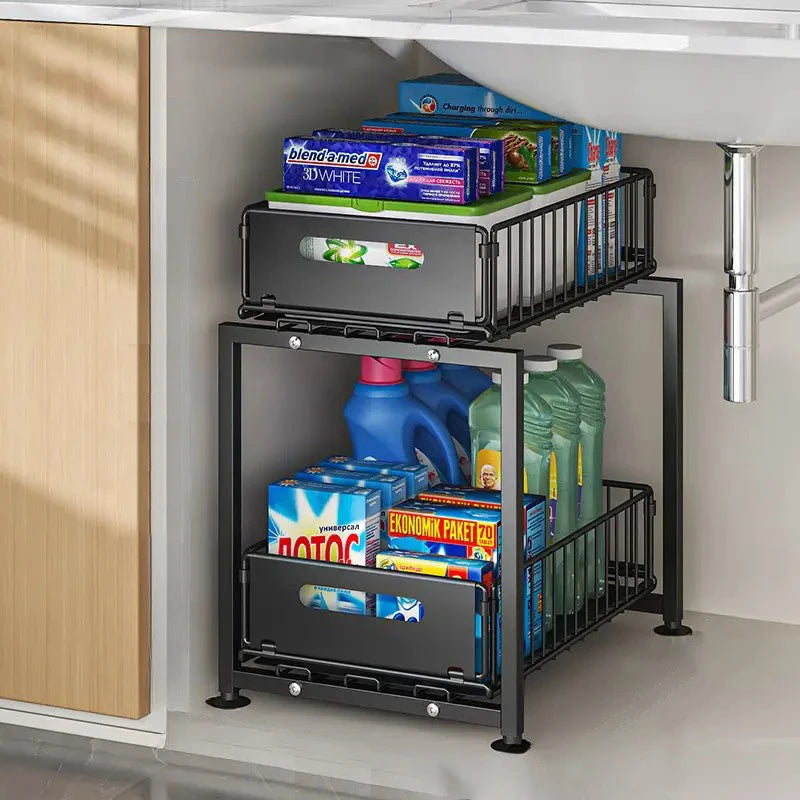 Organizador Extraíble 2 Niveles para Armario y Bajo Fregadero – Acero, Altura Ajustable, Negro