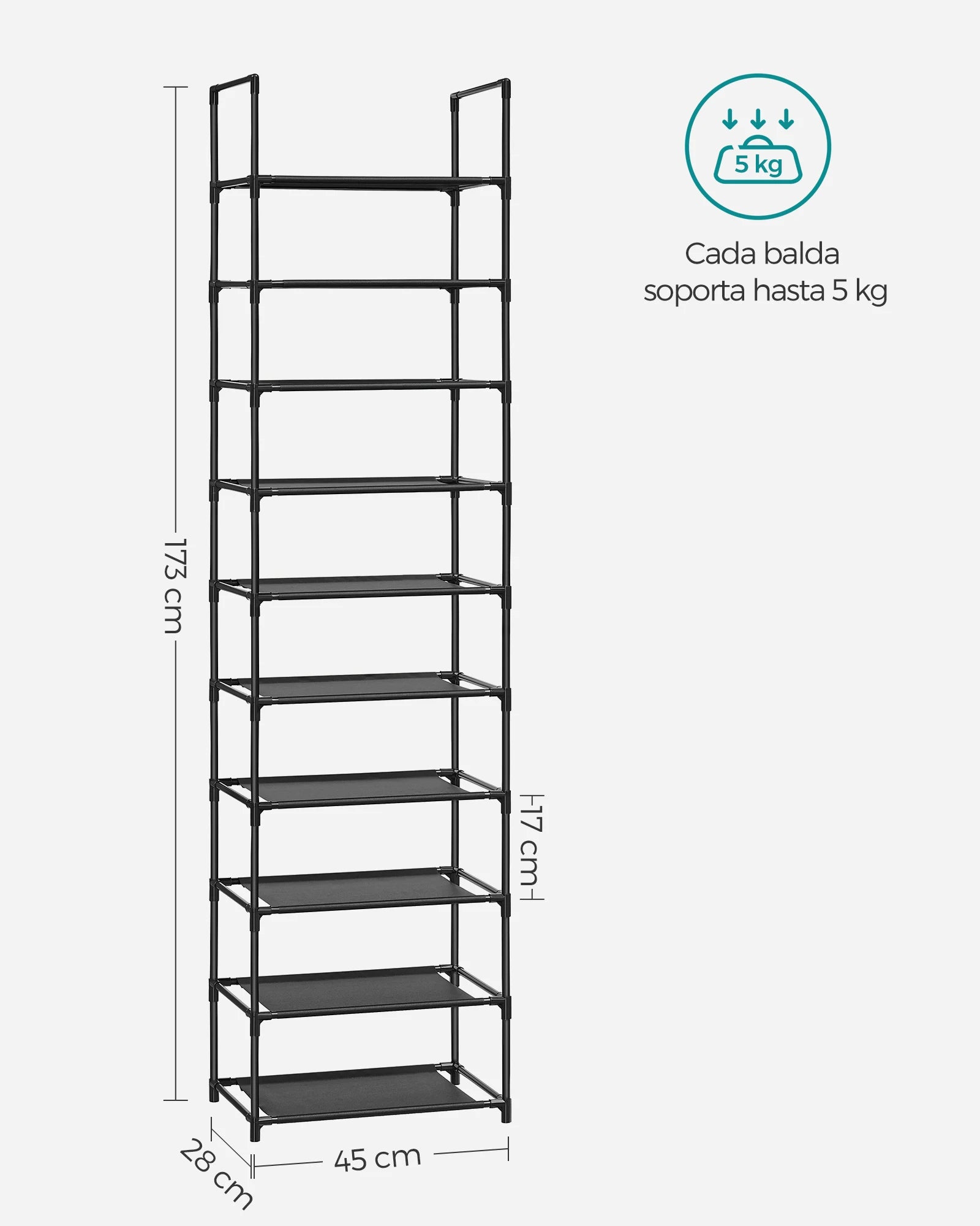 Zapatero 10 Niveles SONGMICS – Ahorra Espacio, Estructura Metálica, 45 × 28 × 173 cm, Negro/Gris