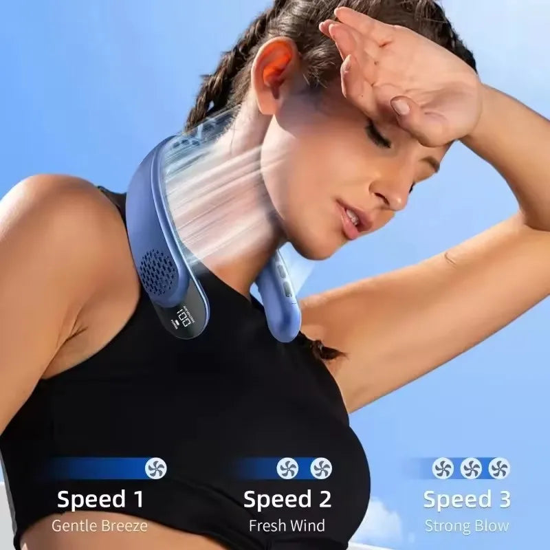 Ventilador de Cuello Sarmocare con Pantalla Digital, Refrigeración 360°, Sin Aspas, Portátil, 4000 mAh, Recargable por USB, 3 Velocidades