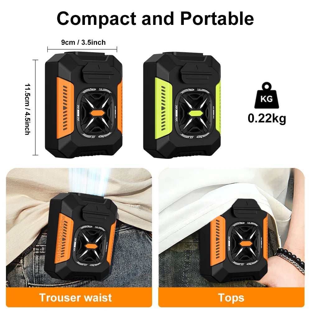 Ventilador de Cintura raugee 5000 mAh Portatil 2 en 1 con Linterna, Bateria Externa, 3 Velocidades, para Exteriores y Viajes