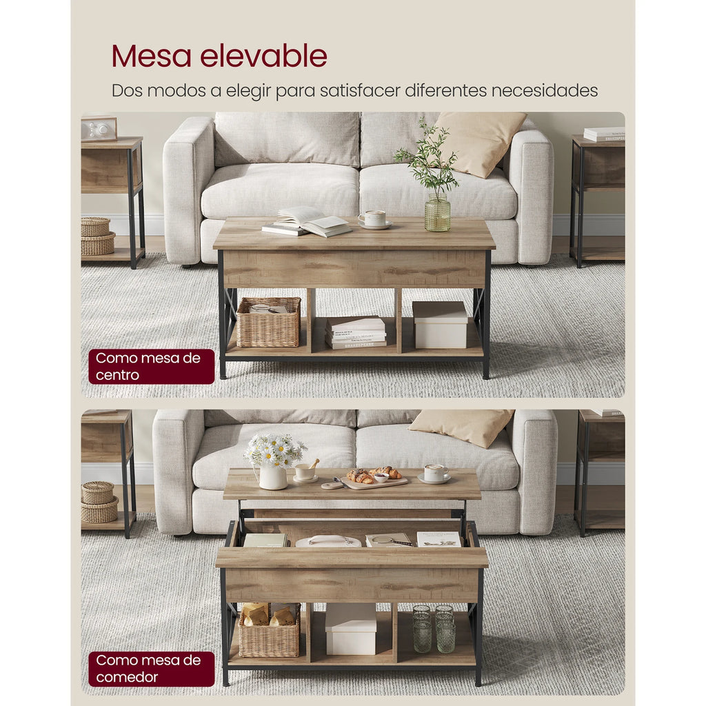Mesa de Centro Elevable VASAGLE – Tapa Abatible, Almacenamiento Abierto y Oculto, Barras en X, 60×100×(48-62) cm
