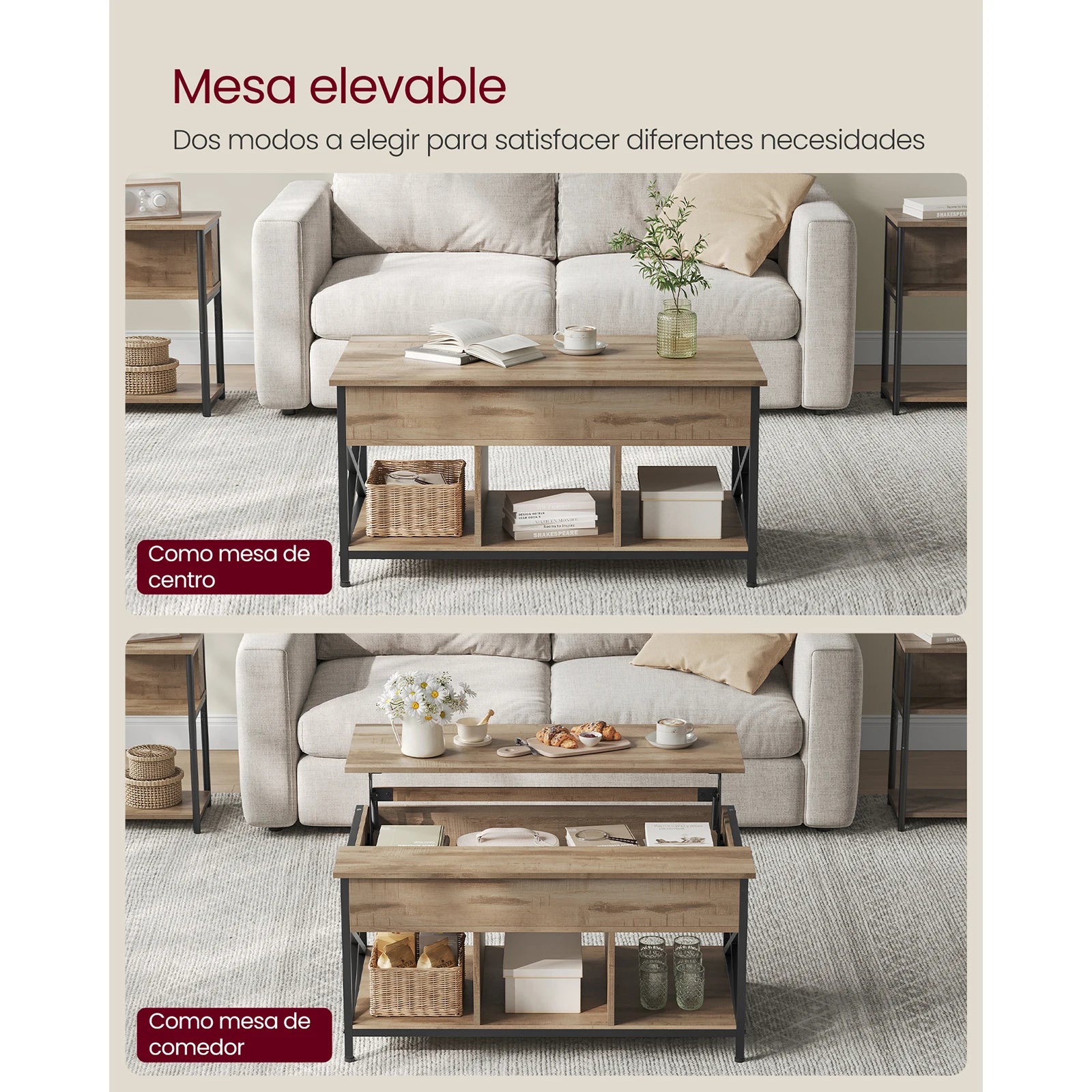 Mesa de Centro Elevable VASAGLE – Tapa Abatible, Almacenamiento Abierto y Oculto, Barras en X, 60×100×(48-62) cm