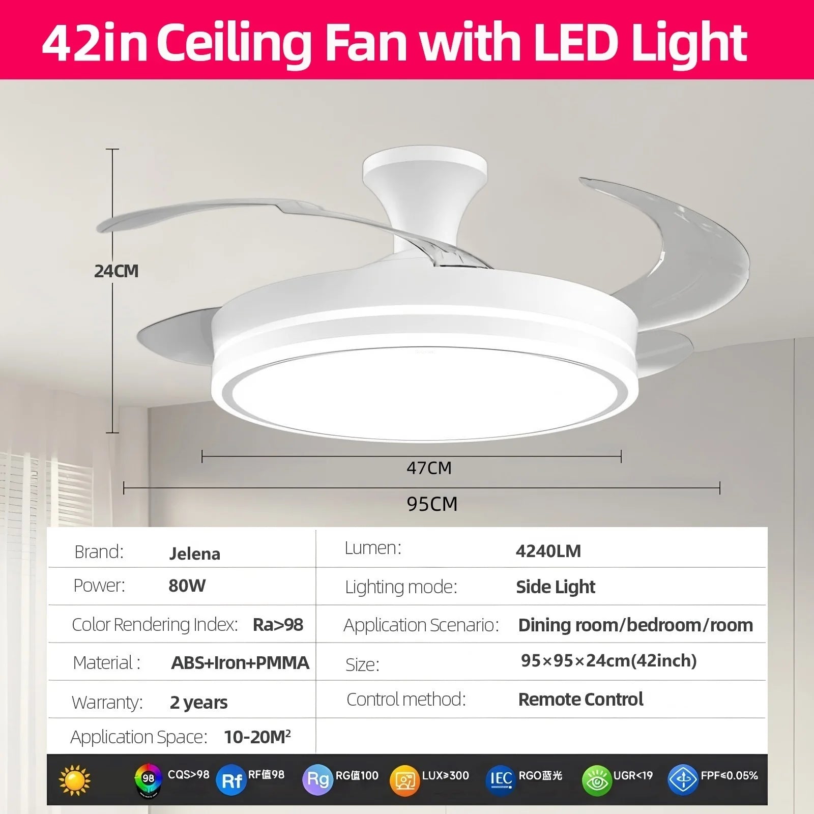 Ventilador de Techo Retráctil de Bajo Consumo con Luz LED, Mando a Distancia, 3 Temperaturas de Color, 6 Velocidades Ajustables – Ideal para Salón y Hogar