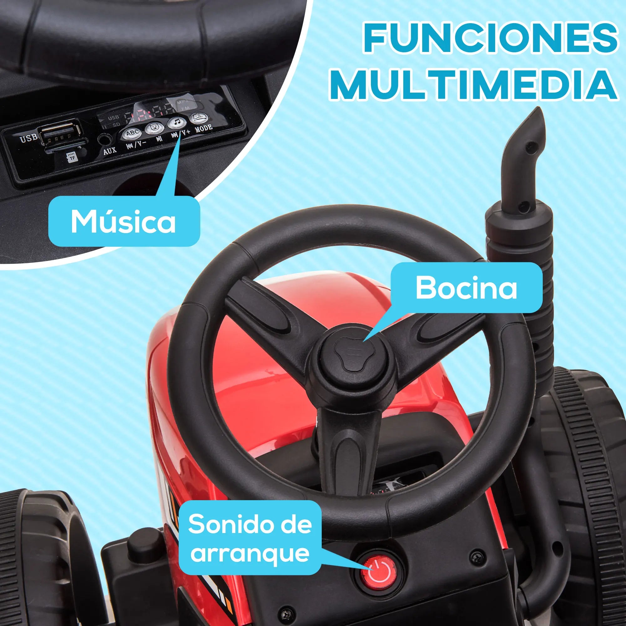Tractor Eléctrico HOMCOM con Remolque para Niños de 3 a 6 Años — 12V, Mando a Distancia, Luces y Música