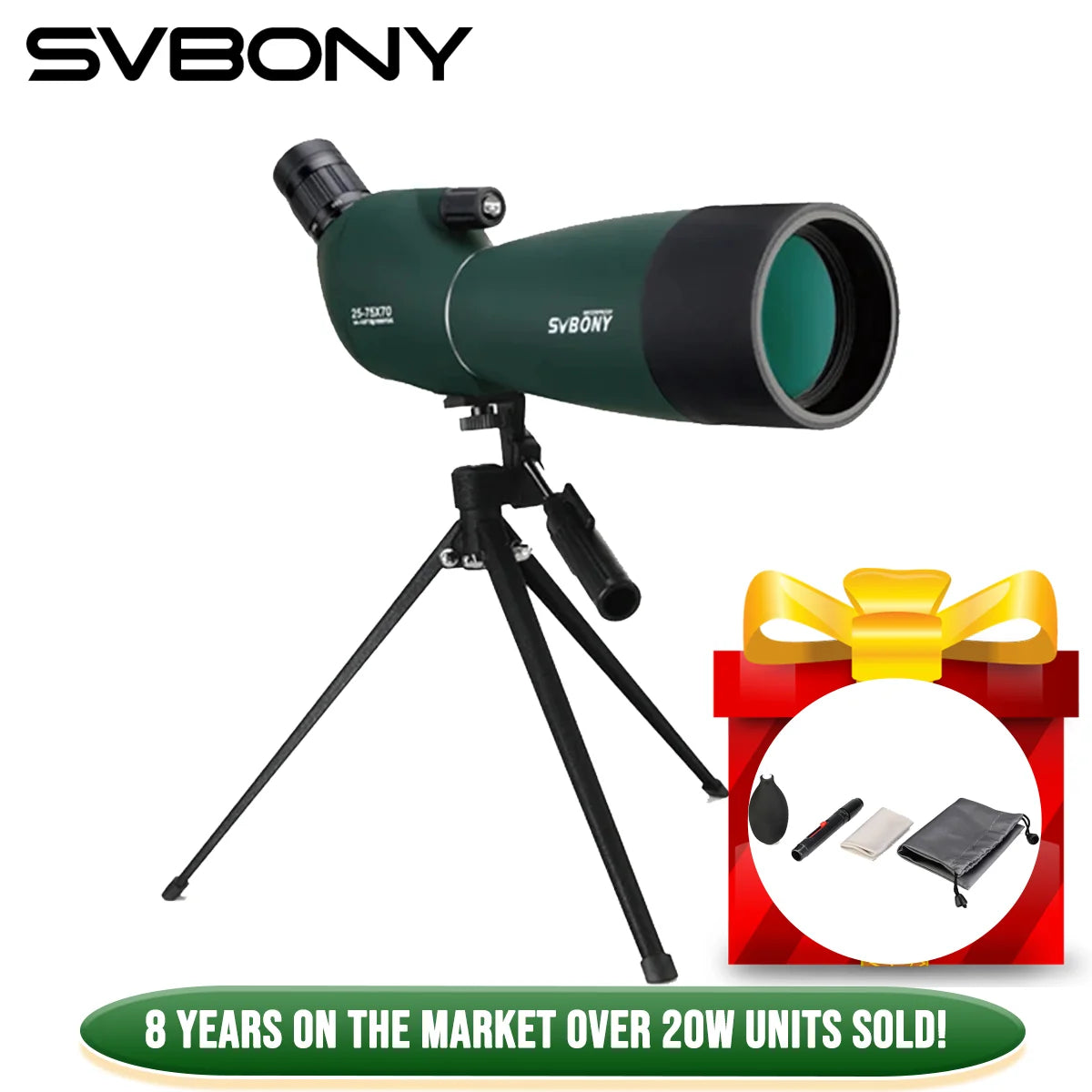 Telescopio Terrestre SVBONY SV28/SV28 PLUS 25-75x70mm con Trípode | Impermeable IPX4 | Observación de Aves, Tiro al Blanco y Naturaleza