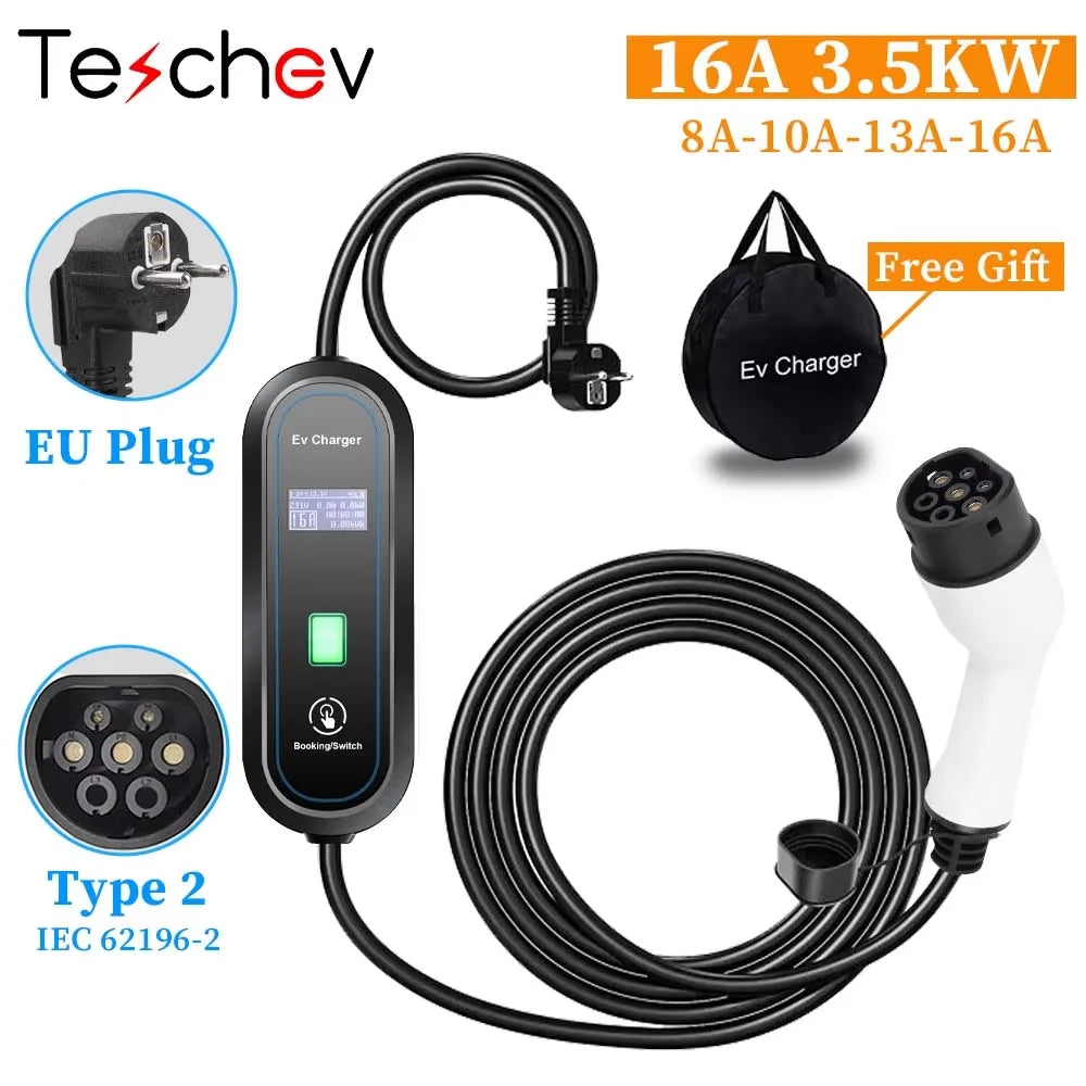 Cargador Portátil para Coche Eléctrico Teschev Type 2 IEC 62196 – 3,5 kW, 16A, IP65, Pantalla LED