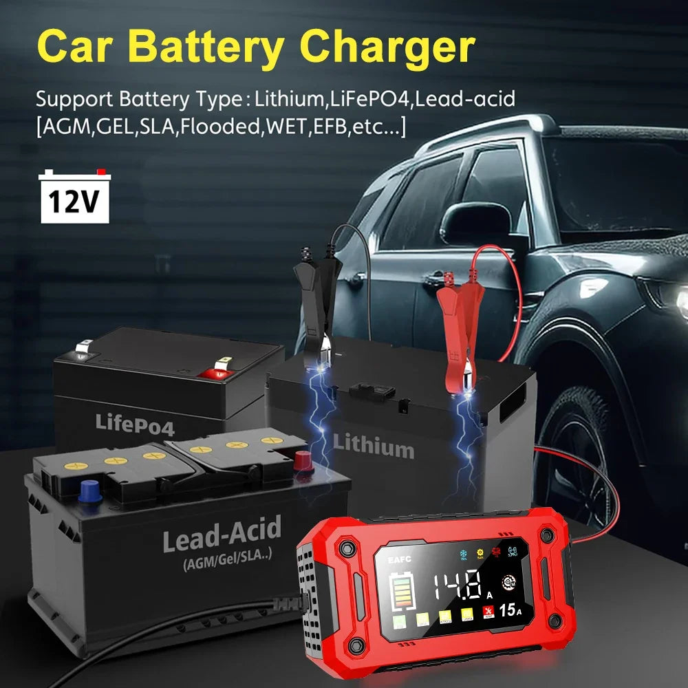 Cargador Inteligente de Batería de Coche EAFC 12V 15A/8A – Reparación por Pulsos, Pantalla Táctil, 4 Modos