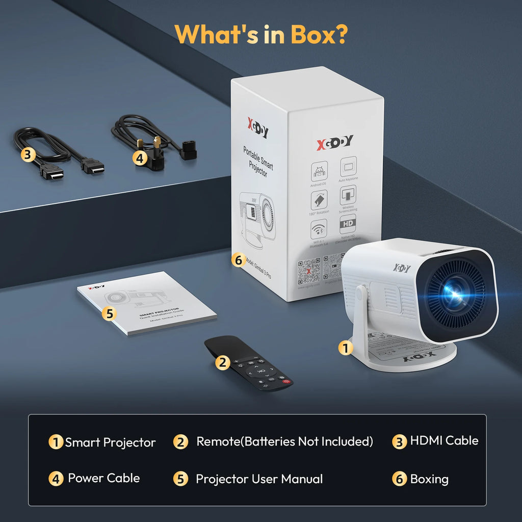 Proyector Portátil XGODY Gimbal 3 Pro – 4K Compatible, 12.000 Lúmenes, WiFi 6, Android 11, Bluetooth 5.4