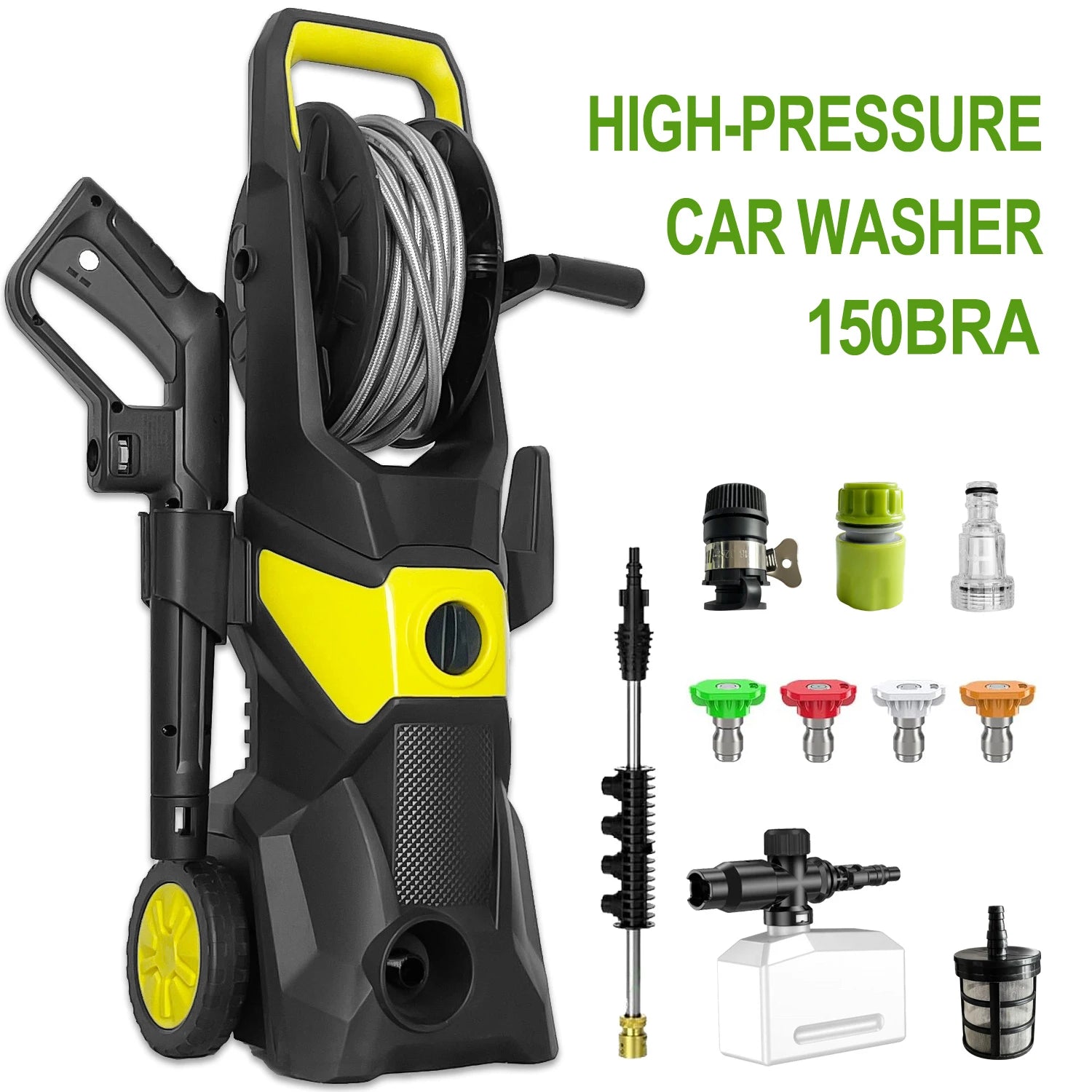 Hidrolimpiadora Eléctrica 2200W – 150 bar, 4 Boquillas, Manguera 10m, Depósito Espuma, 220V EU