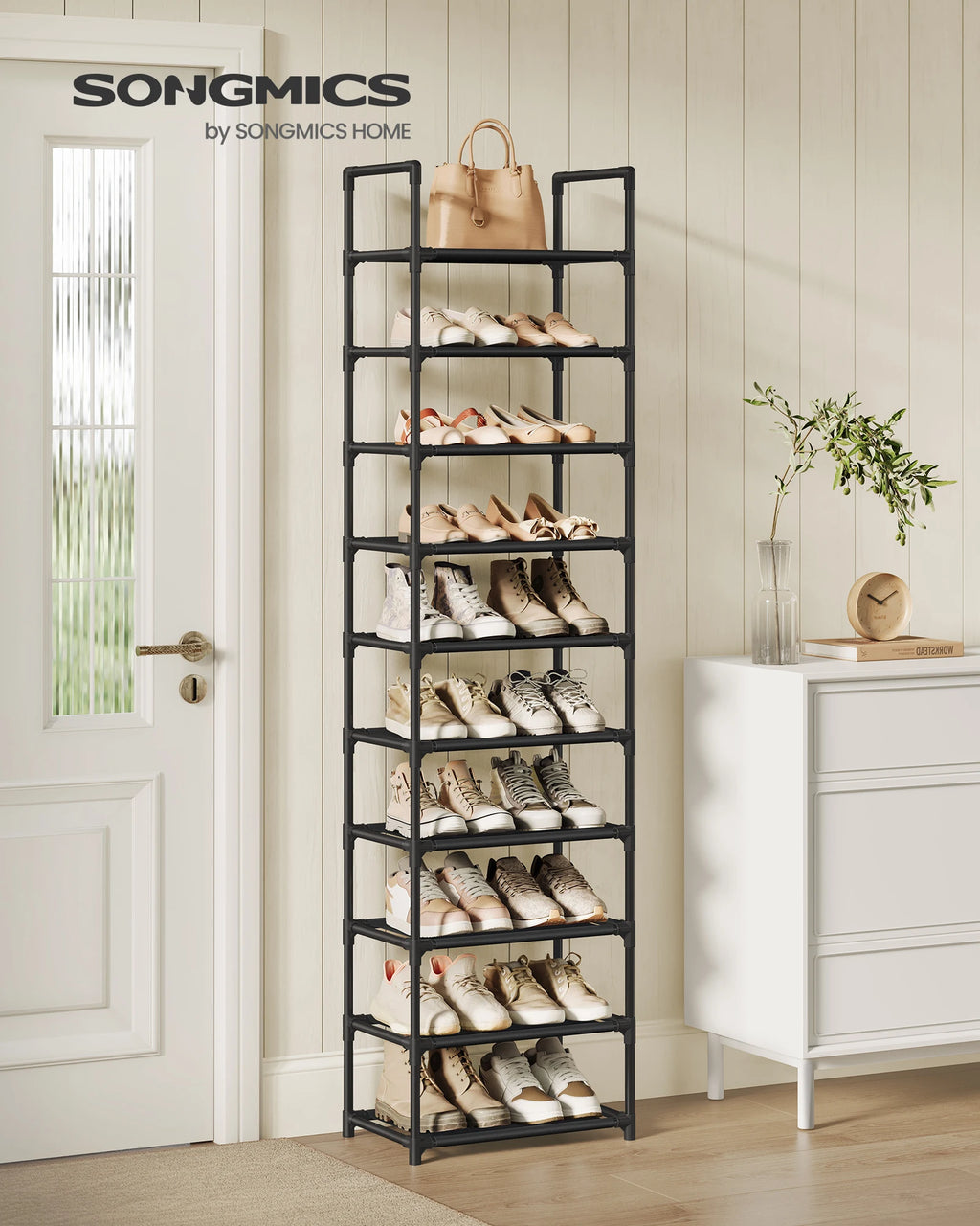Zapatero 10 Niveles SONGMICS – Ahorra Espacio, Estructura Metálica, 45 × 28 × 173 cm, Negro/Gris