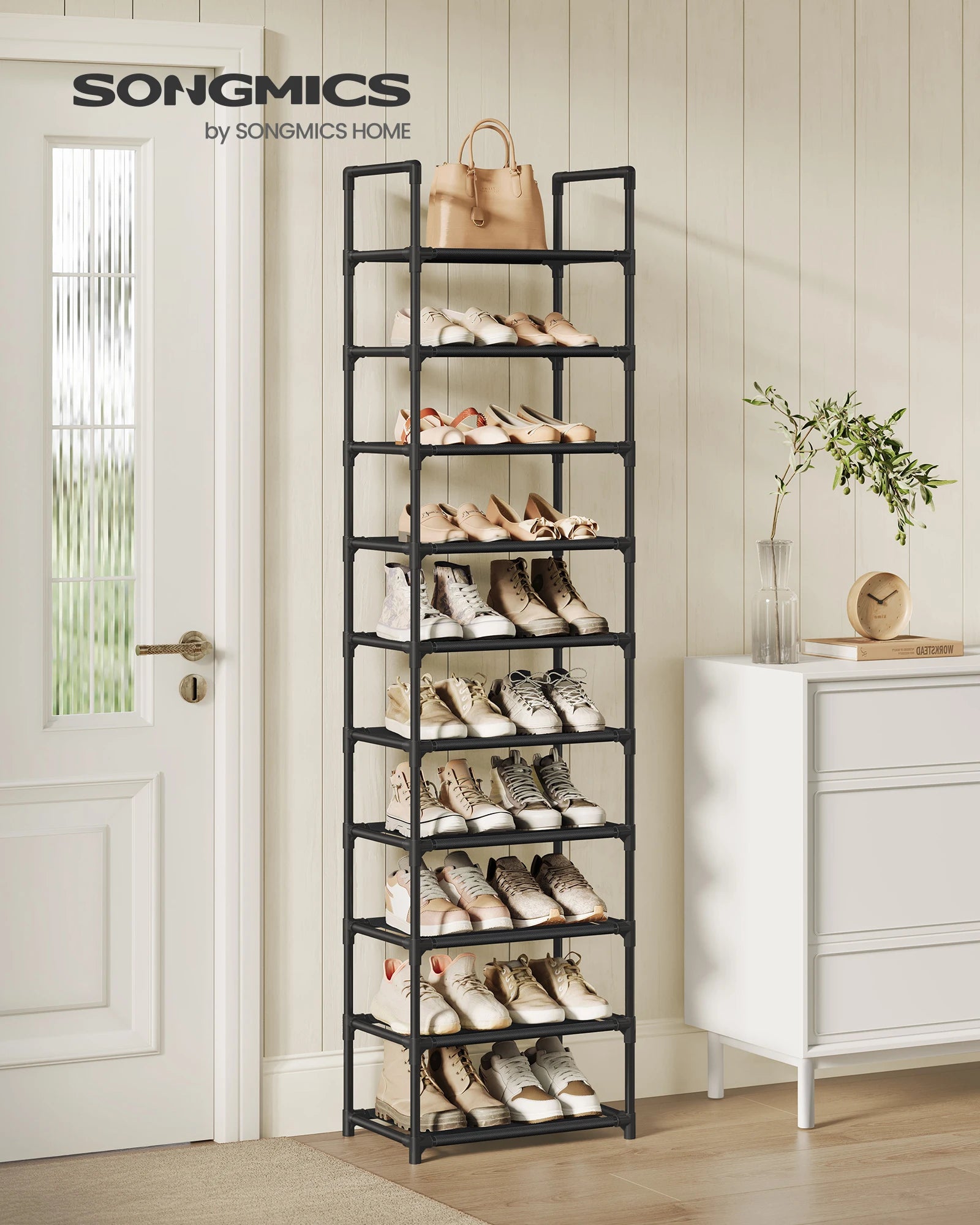 Zapatero 10 Niveles SONGMICS – Ahorra Espacio, Estructura Metálica, 45 × 28 × 173 cm, Negro/Gris