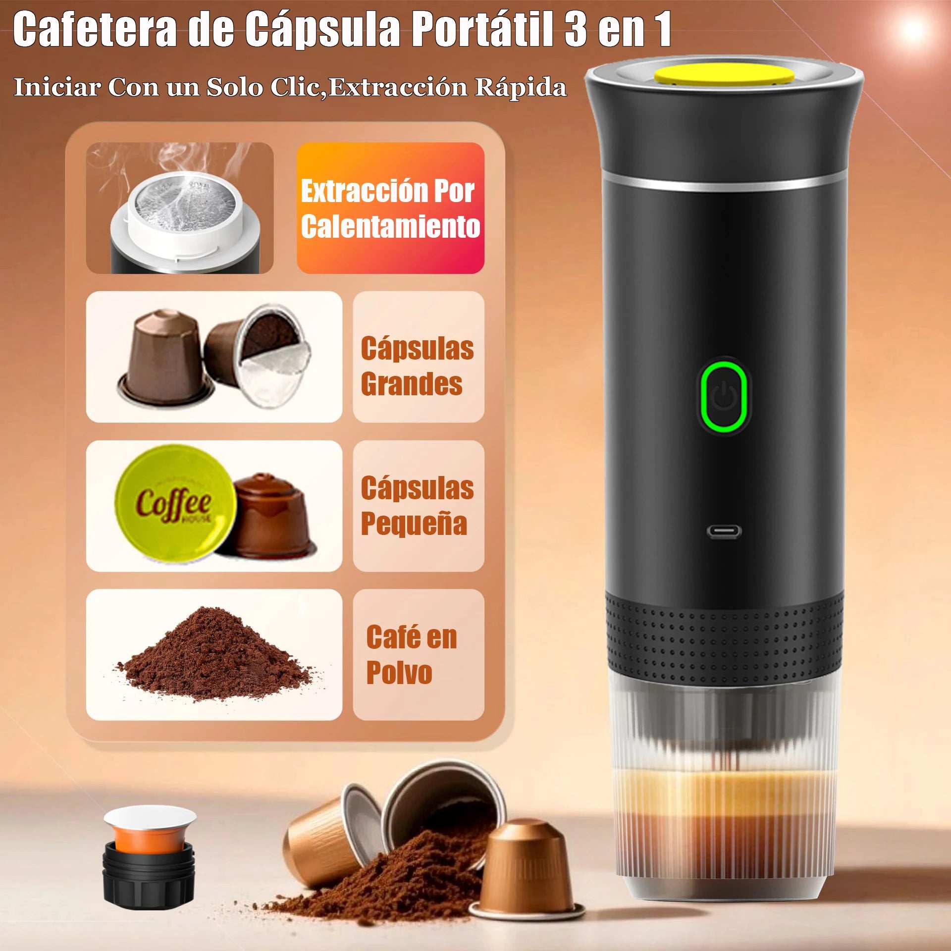 Cafetera Portátil 3 en 1 MicroData — Eléctrica Inalámbrica para Cápsulas y Café Molido, Coche, Casa y Camping