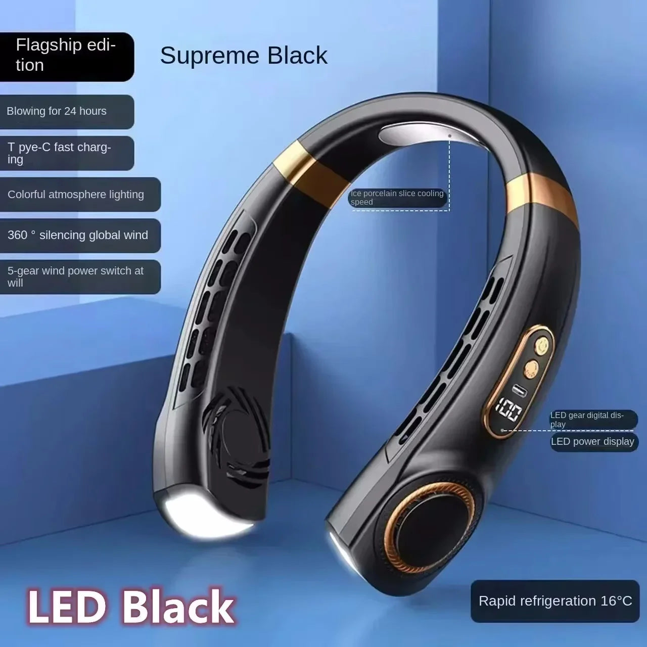 Ventilador de Cuello JPNPL 8000 mAh USB Sin Aspas, Portatil, Recargable, Silencioso, con Pantalla LED Digital, 100 Velocidades