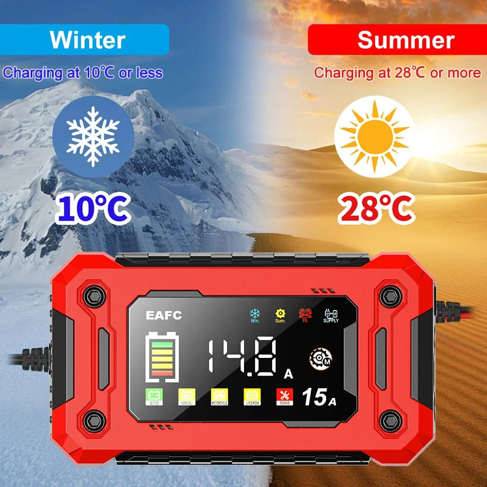 Cargador Inteligente de Batería de Coche EAFC 12V 15A/8A – Reparación por Pulsos, Pantalla Táctil, 4 Modos