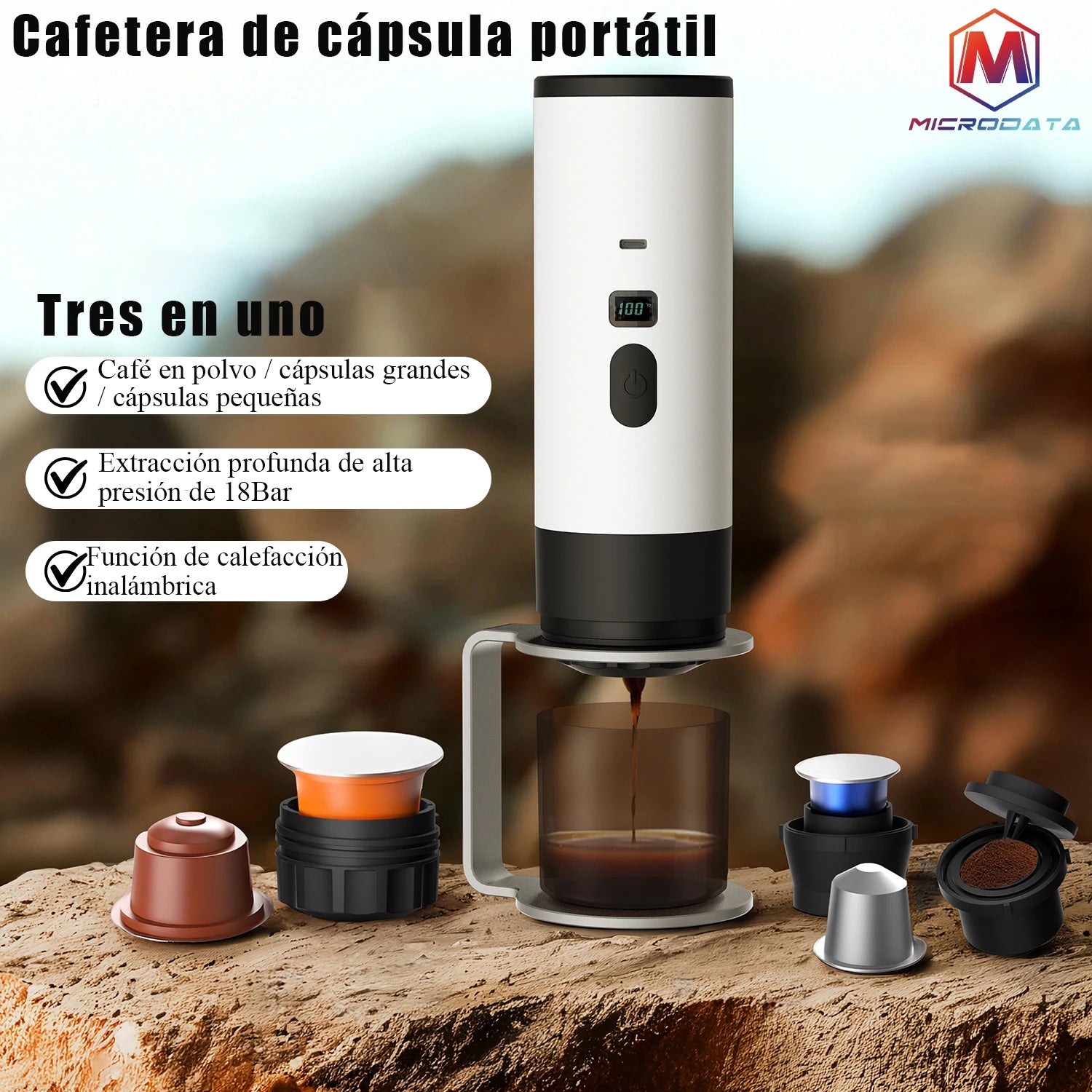 Cafetera de Capsulas Portatil MicroData 3 en 1, Espresso Inalambrico con Calentamiento, Extraccion por Bomba y Pantalla Digital