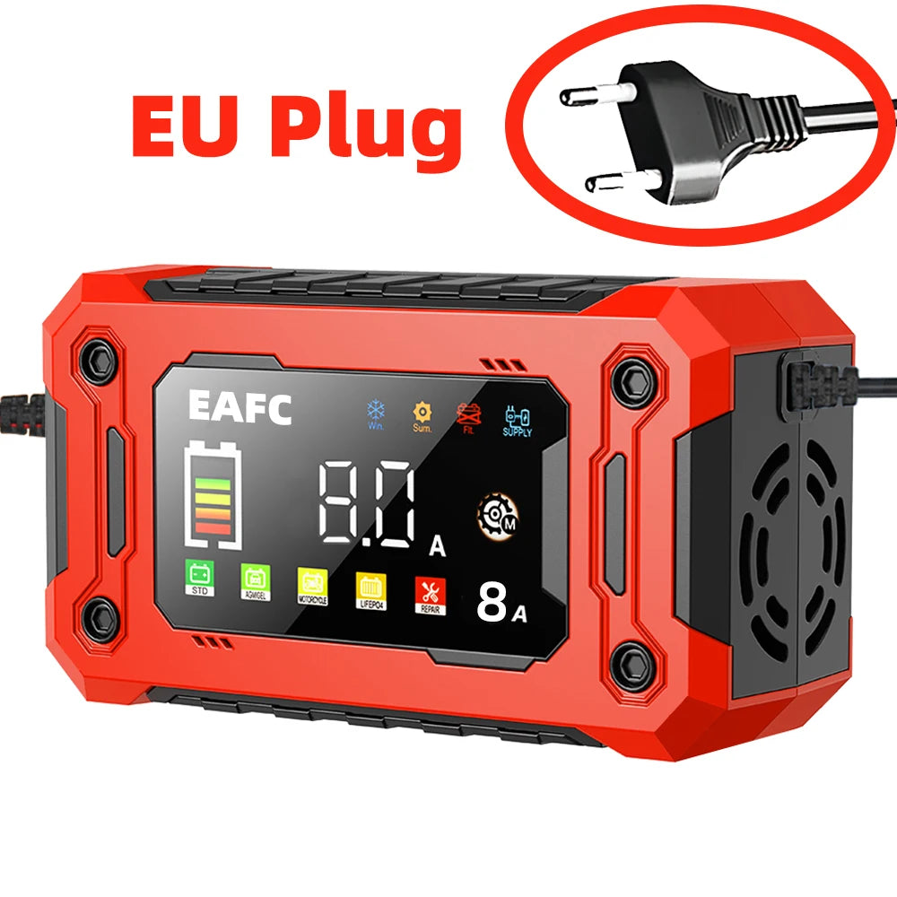 Cargador Inteligente de Batería de Coche EAFC 12V 15A/8A – Reparación por Pulsos, Pantalla Táctil, 4 Modos