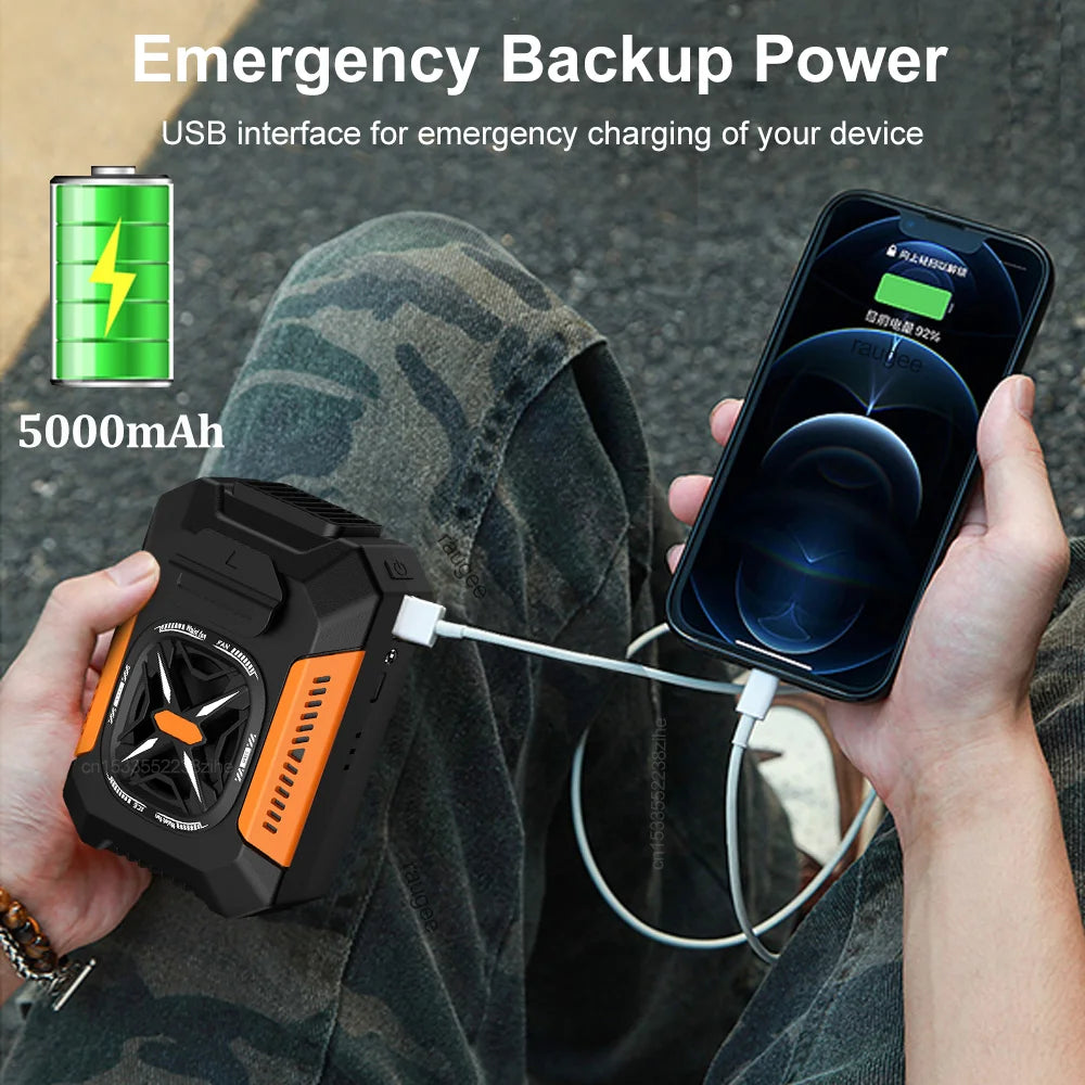 Ventilador de Cintura raugee 5000 mAh Portatil 2 en 1 con Linterna, Bateria Externa, 3 Velocidades, para Exteriores y Viajes