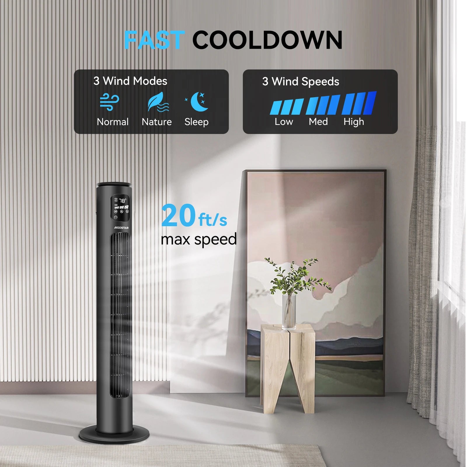 Ventilador de Torre 40'' AIGOSTAR, Inteligente, Control por App, Compatible con Alexa y Google Home, Oscilación, Temporizador 24H