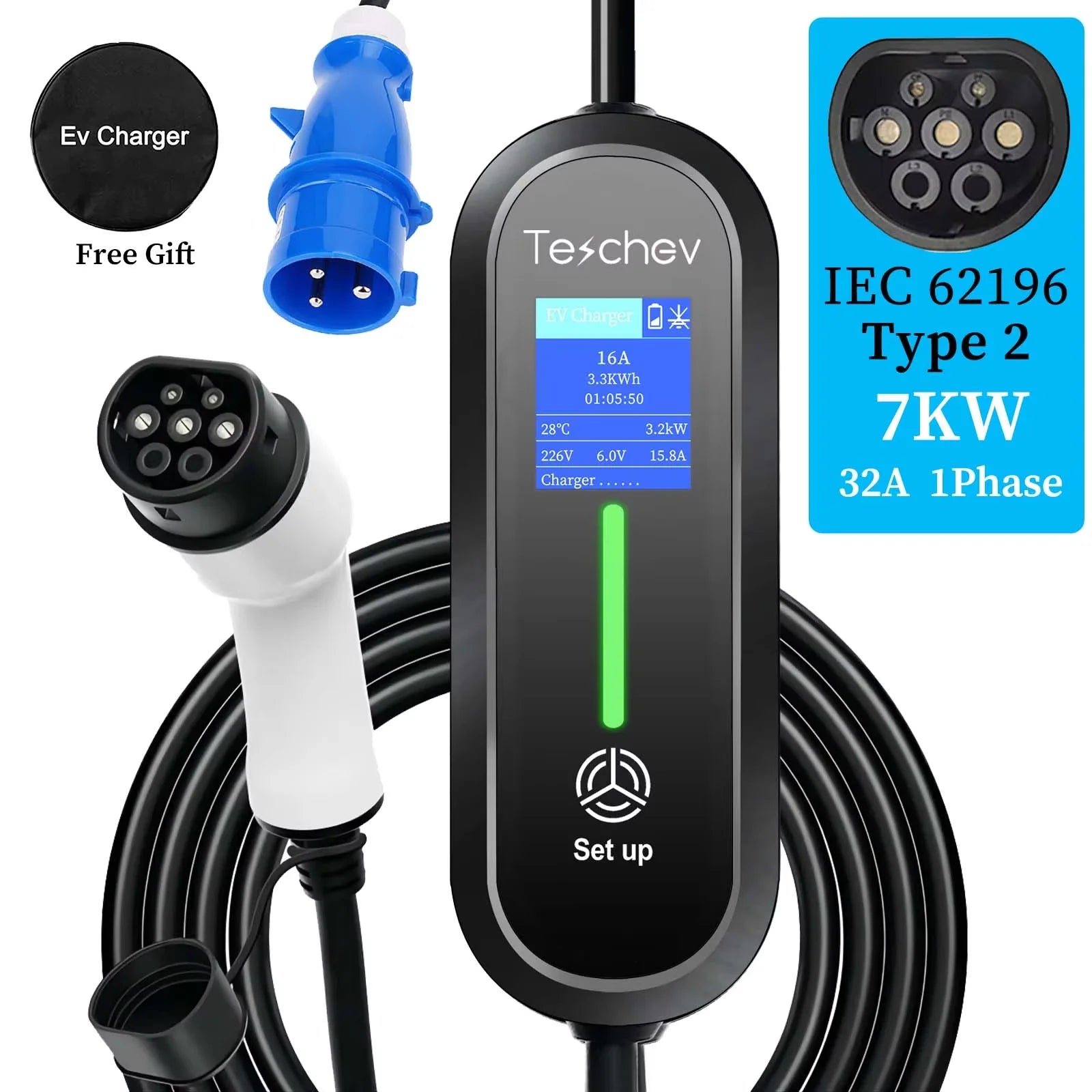 Cargador Portátil para Coche Eléctrico Teschev Type 2 IEC 62196 – 3,5 kW, 16A, IP65, Pantalla LED
